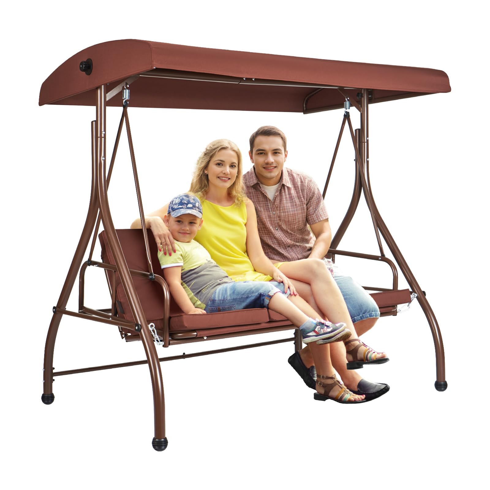 VEVOR Balancelle de terrasse 3 Places, balançoire Convertible avec auvent réglable de Porche extérieur, avec Coussin épais Amovible, Cadre en Acier allié, pour Balcon, Jardin, Bord de Piscine, Marron