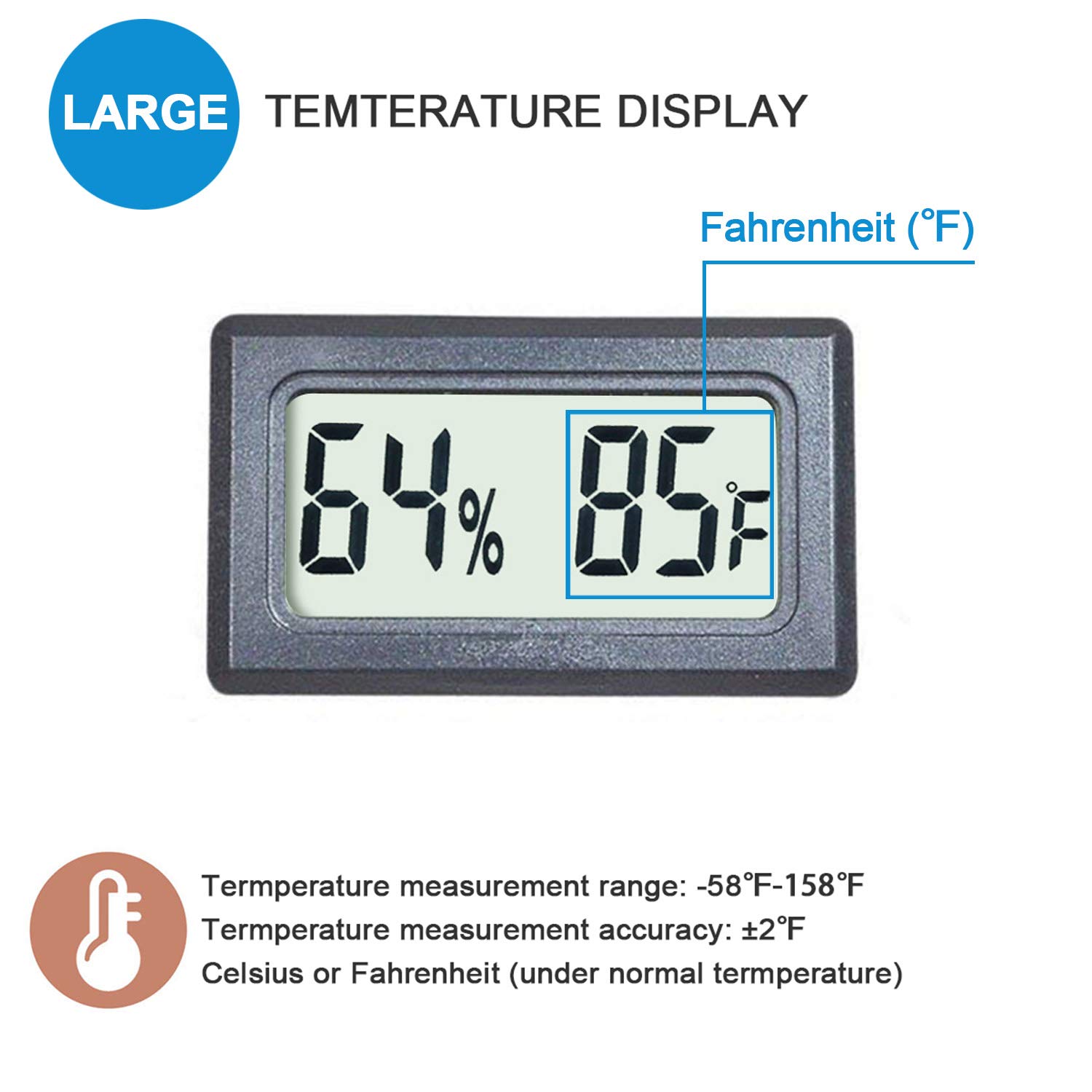 Termometro e igrometro per rettili, misuratore di temperatura interna Fahrenheit ℉, mini umidità digitale per esterni, ufficio, barattoli, incubatori, custodia per chitarra (1)