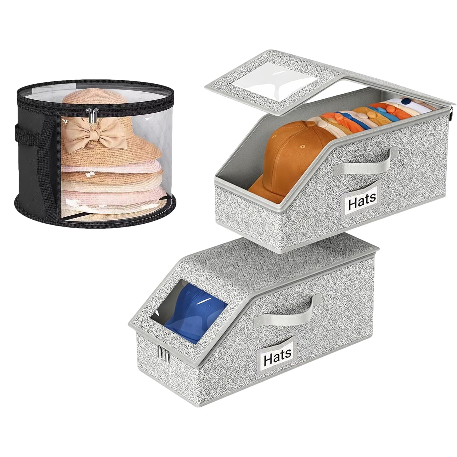 3Pcs Hat Storage Baseball Caps,Stackable Clear Dustproof Hat Boxes Grey