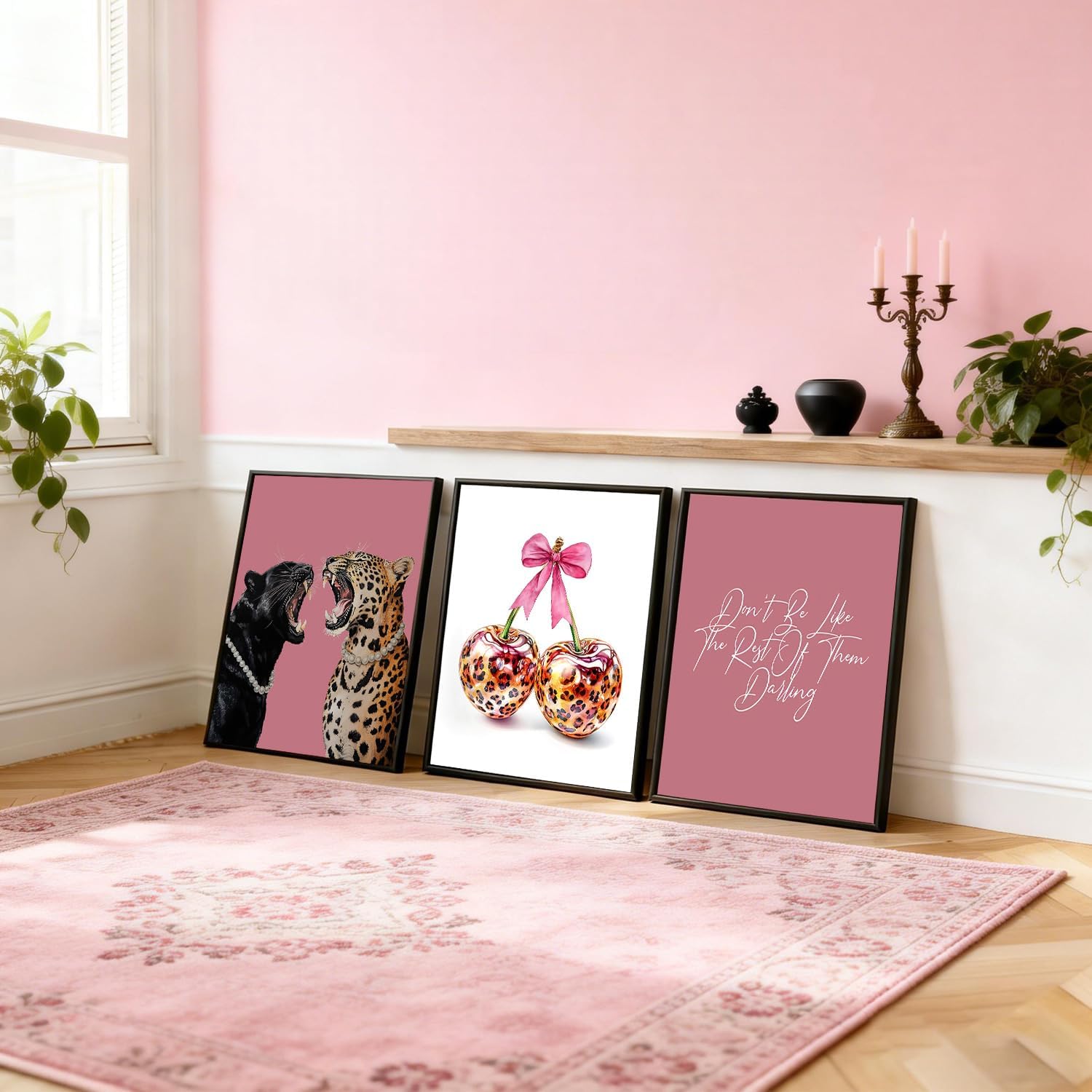3Pcs Pink Cheetah Wall Art Fashion Leopard Print Posters Prints Cute Cherry Bow Canvas Wall Decor Playful Preppy Style Aesthetic Pictures Paintings Girl's Room Decoration 16x24 inch Unframed image 3