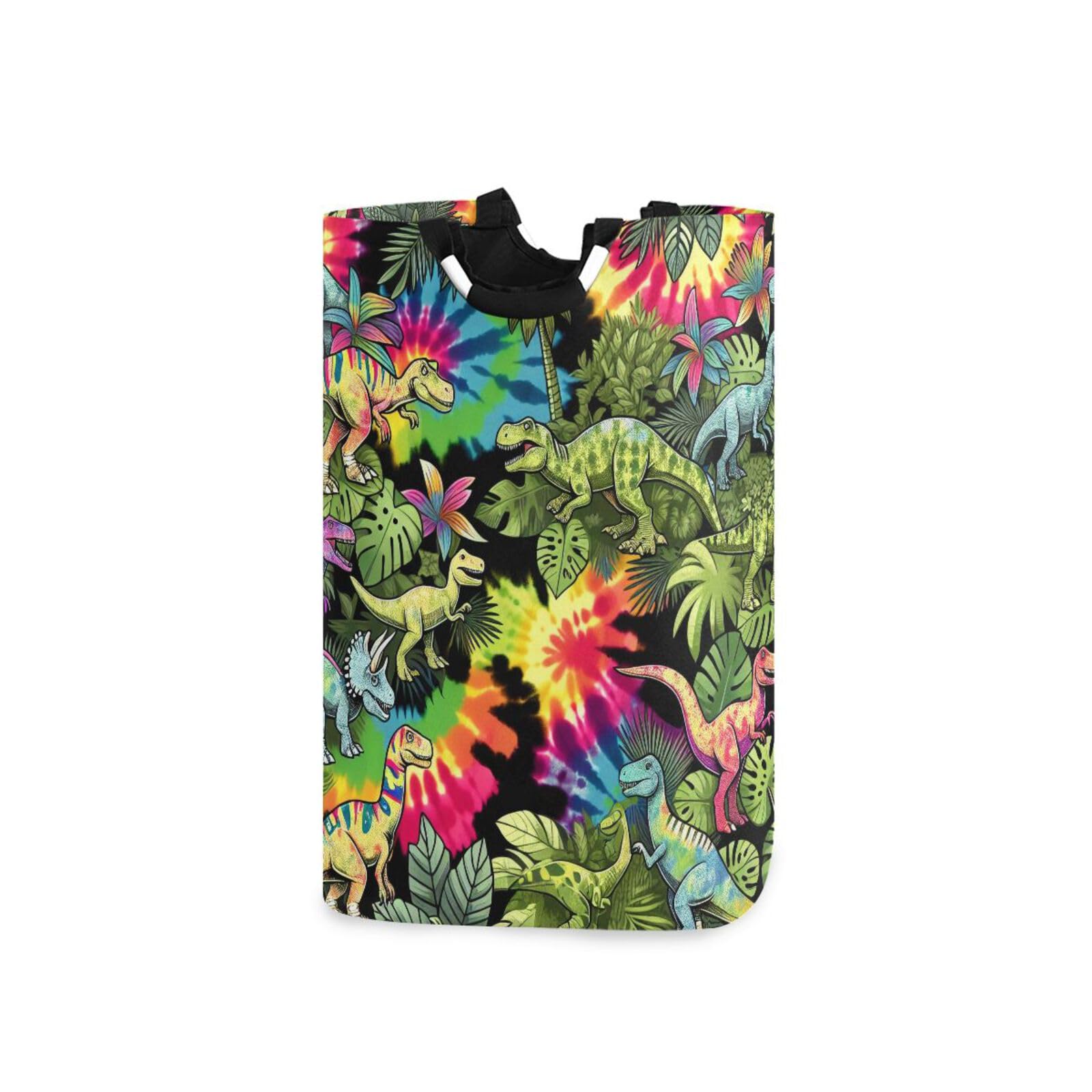 Jihqo Laundry Hamper Basket Vibrant Jungle Dinosaurs Collapsible Nursery Storage Bin Waterproof Clothing Baskets for Home Bedroom Bathroom Washing Room