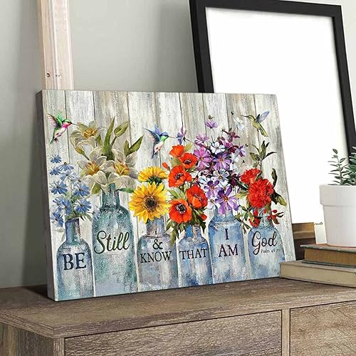 Miniatura 6 de Arte de pared con diseño de flores en jarrón, diseño rústico de granja, lienzo floral, decoración de pared con texto en inglés Be Still and Know