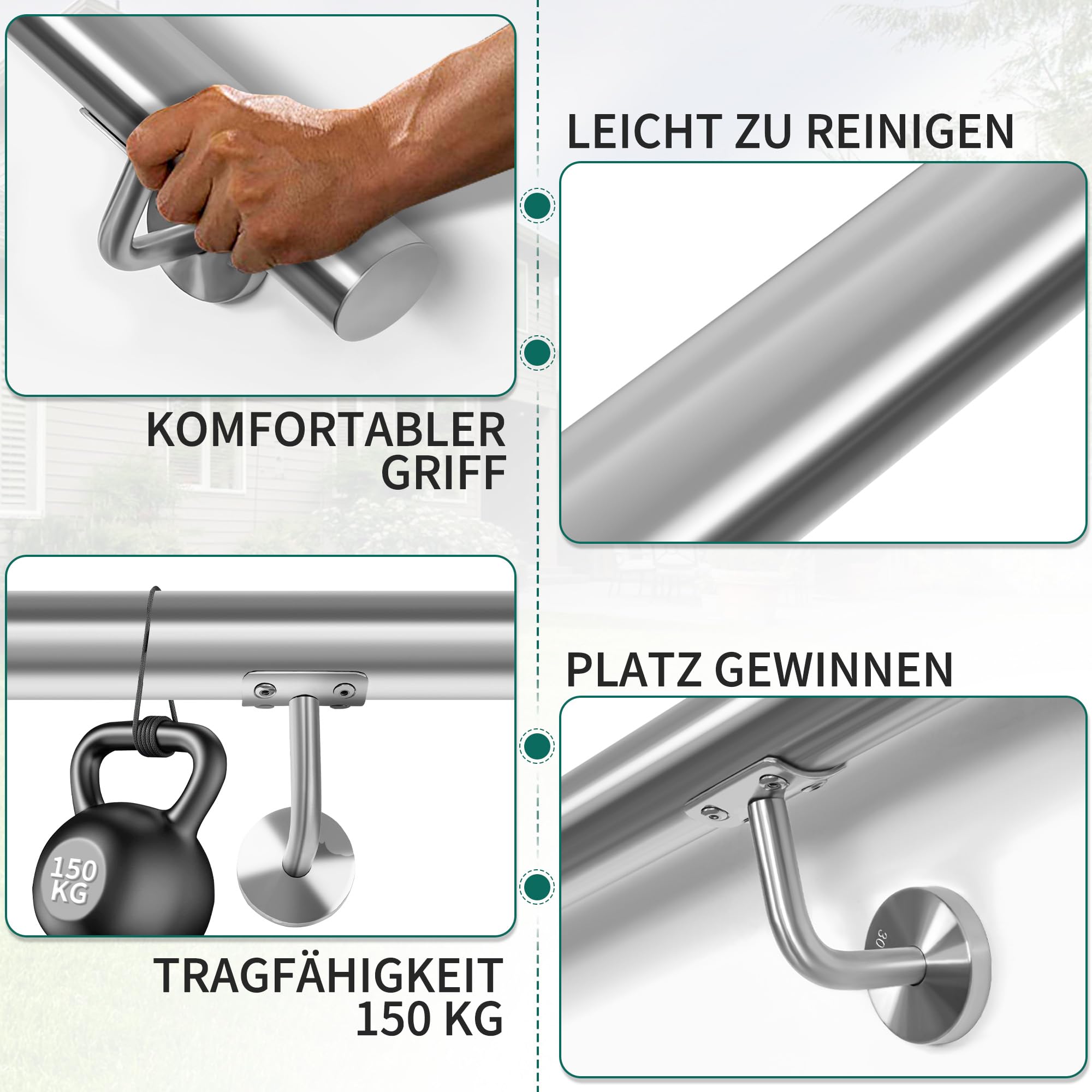Edelstahl-Handlauf, 300CM Treppengeländer, Geländer mit 42 mm Durchmesser,Wandmontierter Handlauf mit Wandhalterungen und Befestigungselementen, Geeignet für Innen/Außenbereich