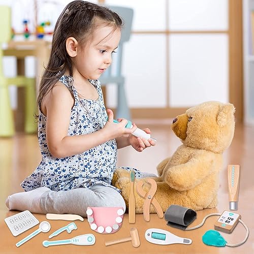 Miniatura 4 de umu Kit de médico para niños, juguete de simulación de 36 piezas de madera para niños pequeños, kit de dentista Montessori Toys para niños y niñas