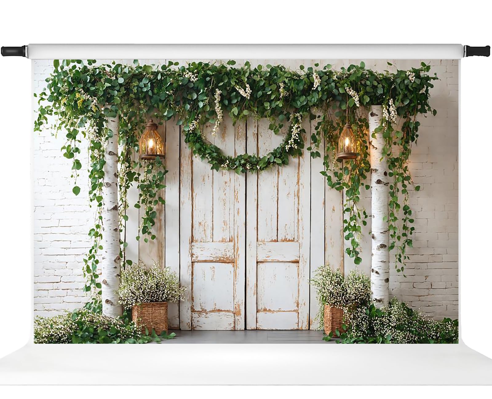 Kate Spring Theme Backdrops for Photography Green White Door with Green Grass Backdrops Background, 10x6.5ft