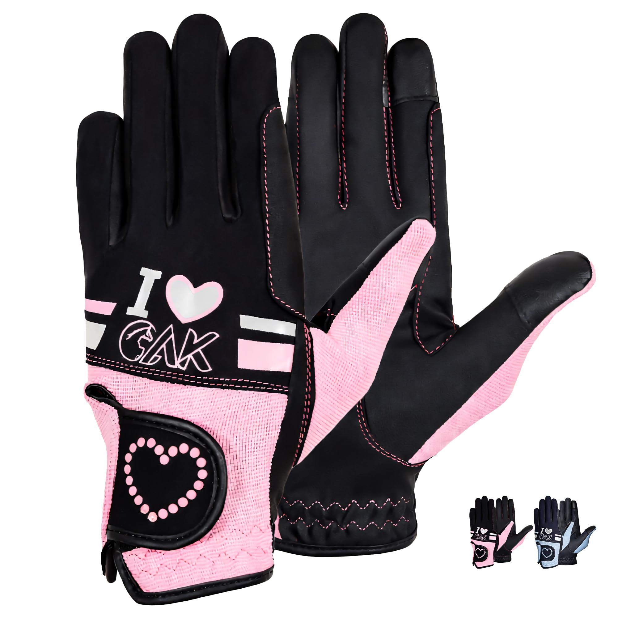 AK Love Horse Riding Gloves Ladies, Men & Kids Equestrian Gloves For All Season (Black/Pink, 4XS)