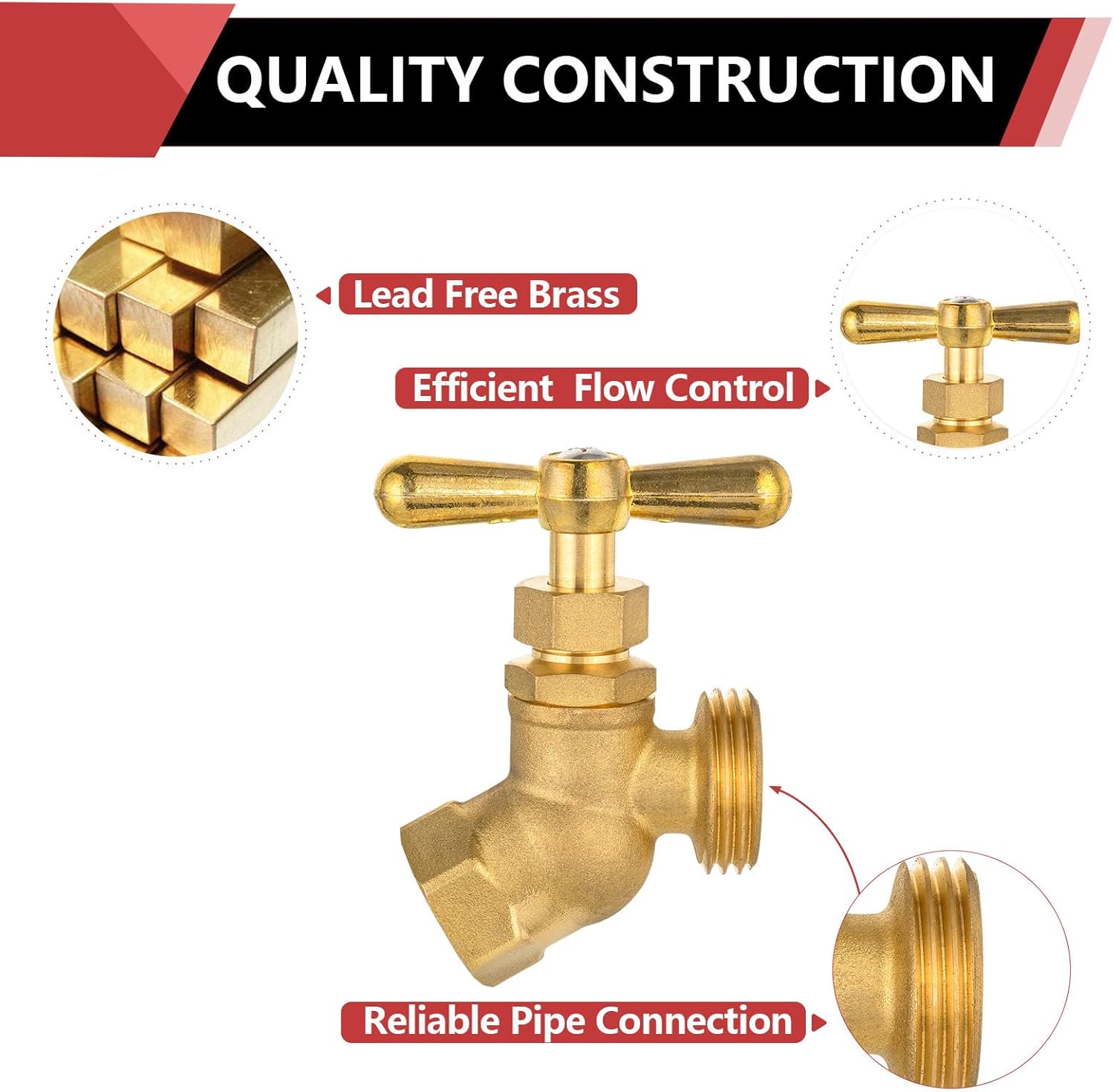EFIELD Heavy Duty 1/2" FIP Inlet ×3/4" MHT Threaded Garden Hose Outlet/Connector For All Purpose, No Lead Brass Made,(BIBCOCK016-1PCS)