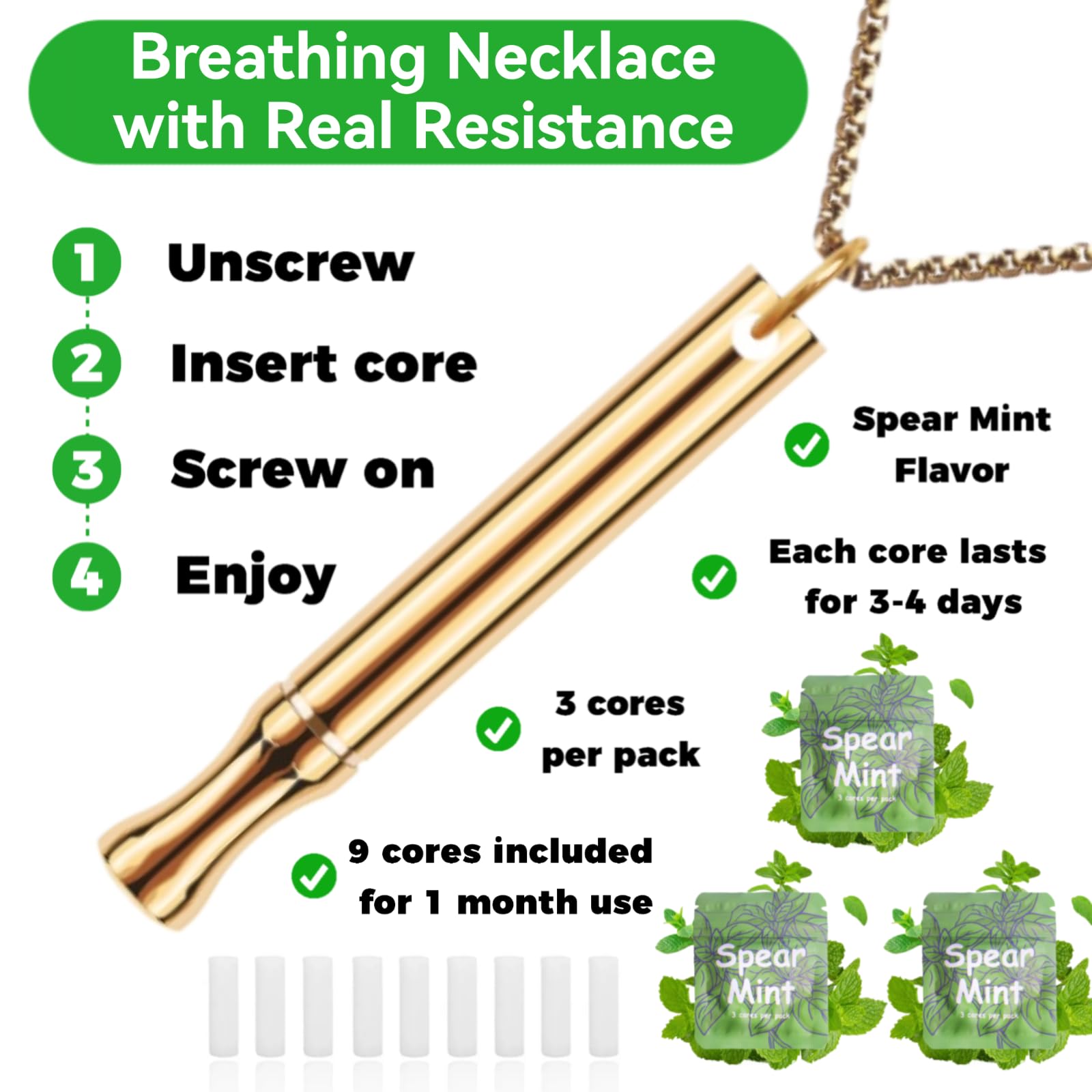 Collier respiratoire pour arrêter de fumer et de vapoter avec capsules de menthe rechargeables, aide à l'arrêt du tabac, collier fidget pour soulager l'anxiété, inhalateur sans fumée pour adultes