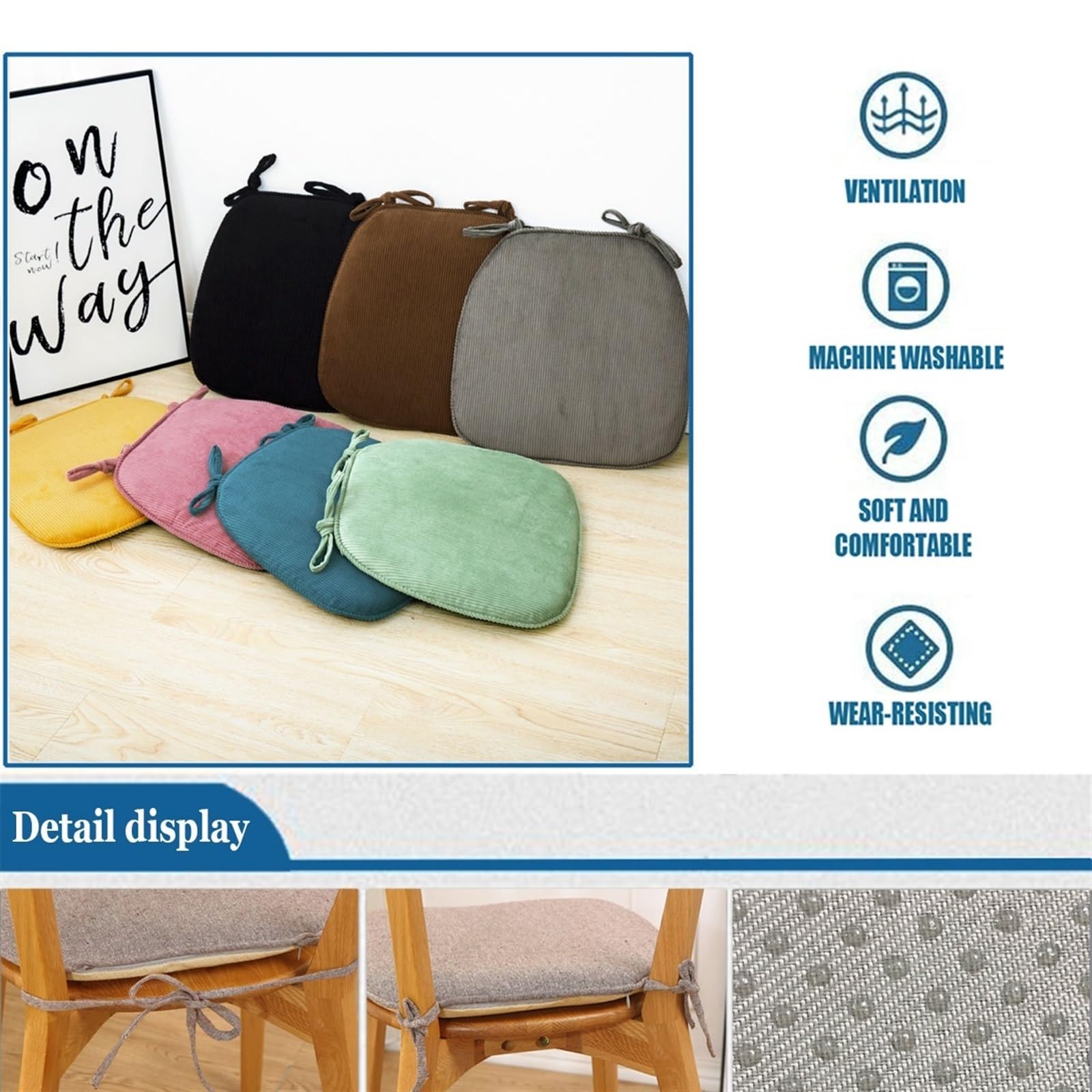 uyeoco Stuhlkissen mit Bändern (43 * 41cm) 1/2/4/6er Set Outdoor/Innen Sitzkissen Stuhl rutschfest Sitzauflage Sitzpolster halbrund für Stühle in Haus/Garten/Büro/Esszimmerstuhl(A7,6pcs)