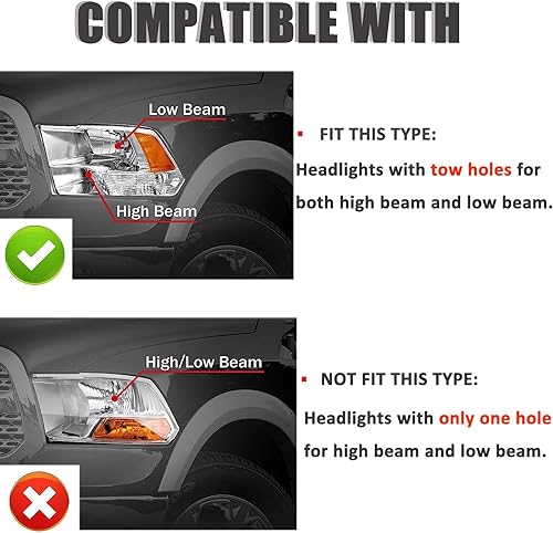 Miniatura 4 de Conjunto de faros delanteros compatible con Ram 1500 2009, 2010, 2011, 2012, 2013, 2014, 2015, 2016, 2017, 2018, Ram 1500 Classic 2019-2021, RAM