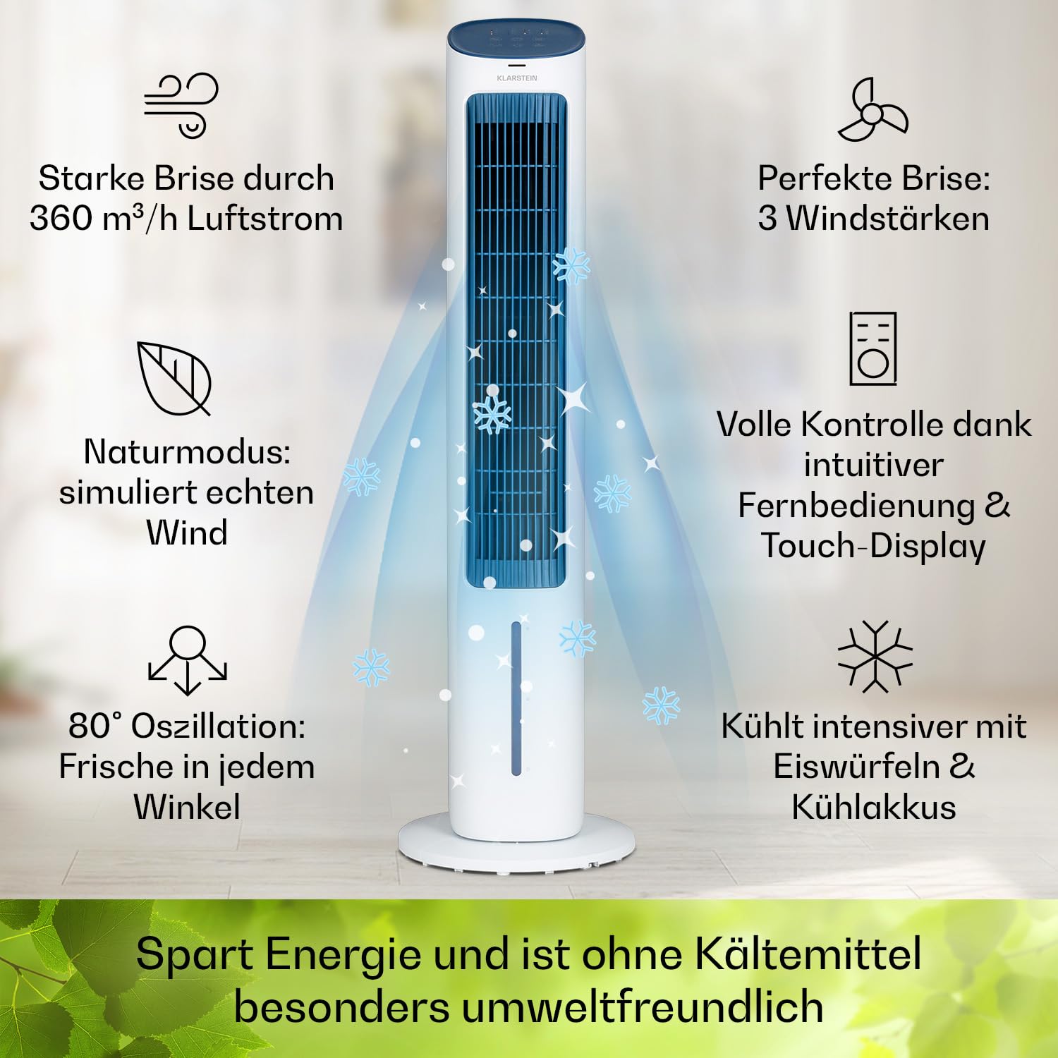 Klarstein Klimagerät Mobil, 5-in-1 Mobiler Luftkühler mit Nachtmodus, Ventilator Leise, Luftbefeuchter & Luftreiniger, Mobiles Klimagerät ohne Abluftschlauch, Turmventilator 360 m³/h, 50 Watt, Weiß
