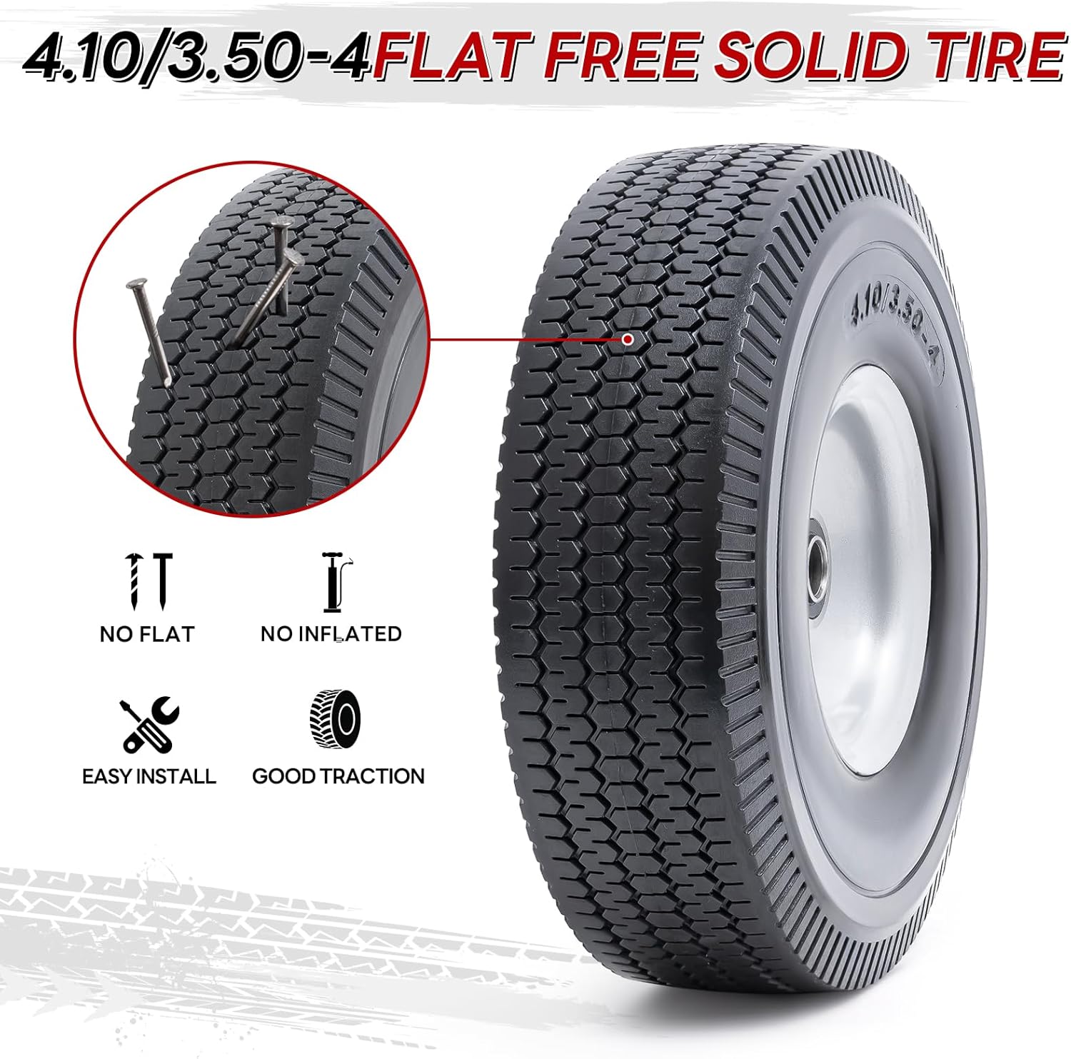 10” Flat Free Tires, 4.10/3.50-4” Solid Tires and Wheels with 5/8” Axle Bore Hole and Double Sealed Bearings Compatible with Hand Truck Wheelbarrow Tire Lawn Mower Tire (Silver, 2PCS) P-091