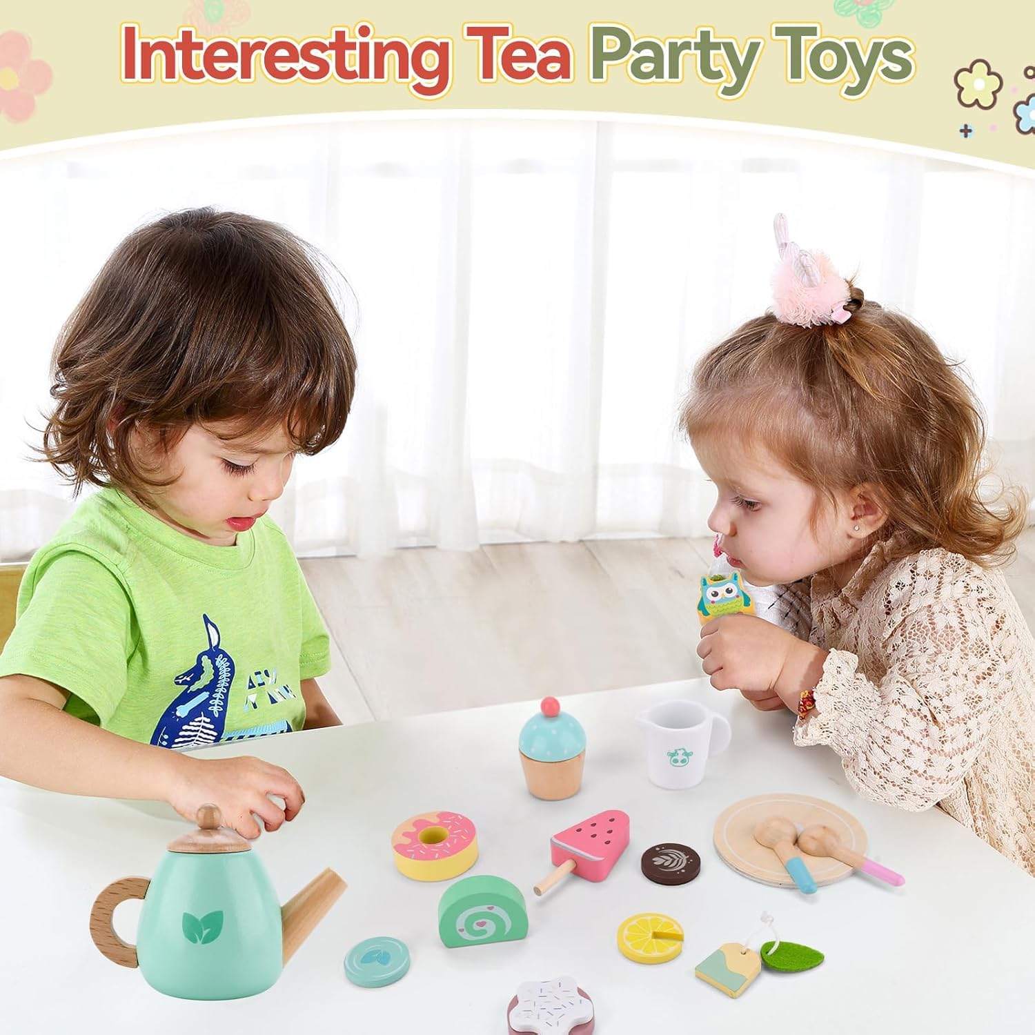 Teeservice Kinder Holz,Teeservice Kinderküche Zubehör,Holzspielzeug Küchenzubehör mit Teekanne,Tassen,Dessert-Spielzeug,Löffeln & Zubehör,Holzspielzeug Geschenk für Mädchen Jungen ab 3 Jahre