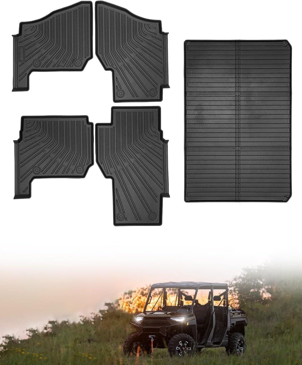 TPE Floor & Bed Mat Set for Polaris Ranger Crew XP 1000 (2019-2025) | 5 PCS All Weather Guard Custom Fit 6-Seat 2-Door UTV Rubber Liners | Non-Slip & Easy Clean Car Mat Cargo Liners Accessories