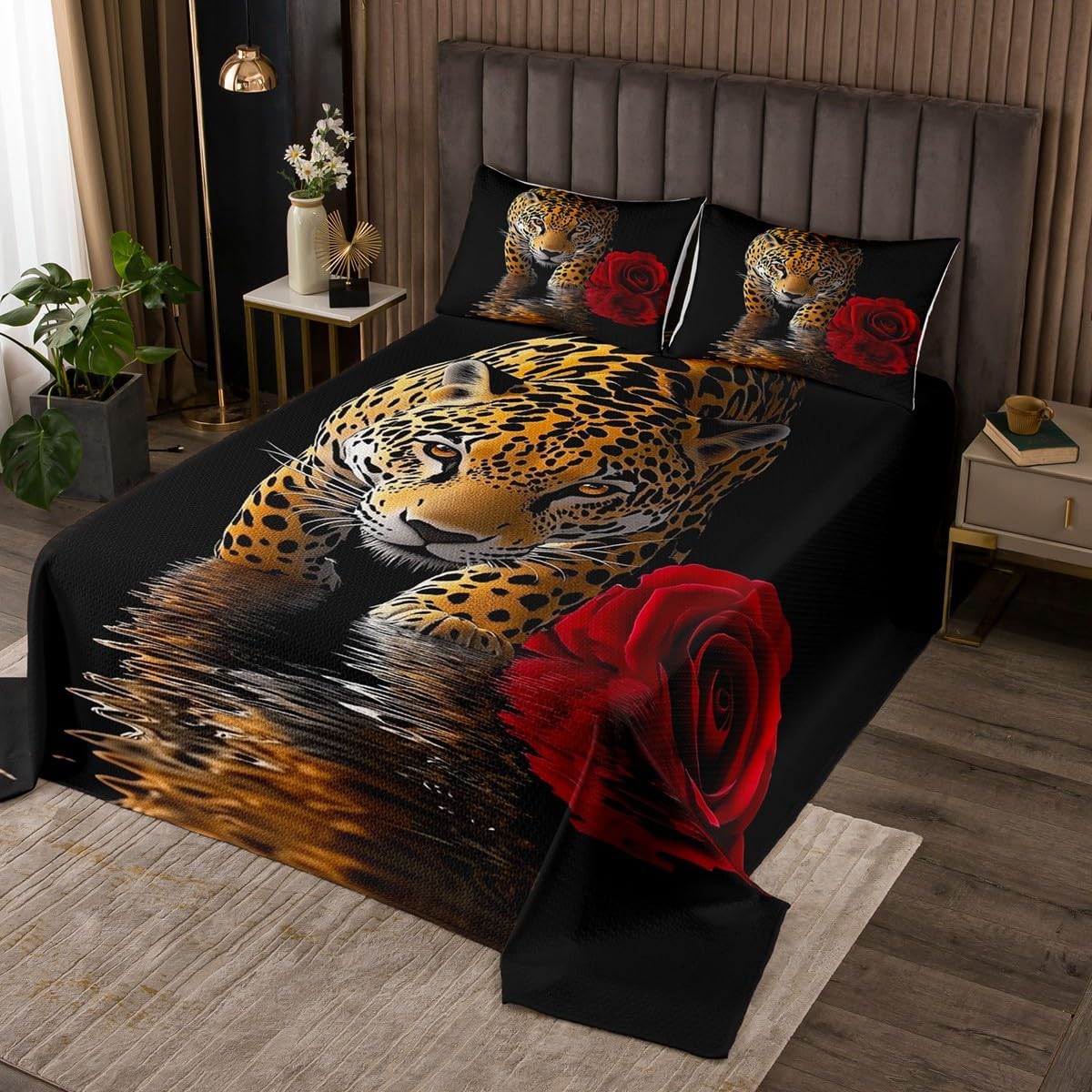 jejeloiu Boys Girls Rose Bedspread Queen Size, Rose Floral Coverlet Set Garden Flower Quilted Coverlet Kids Teens Bedroom Decor 3Pcs