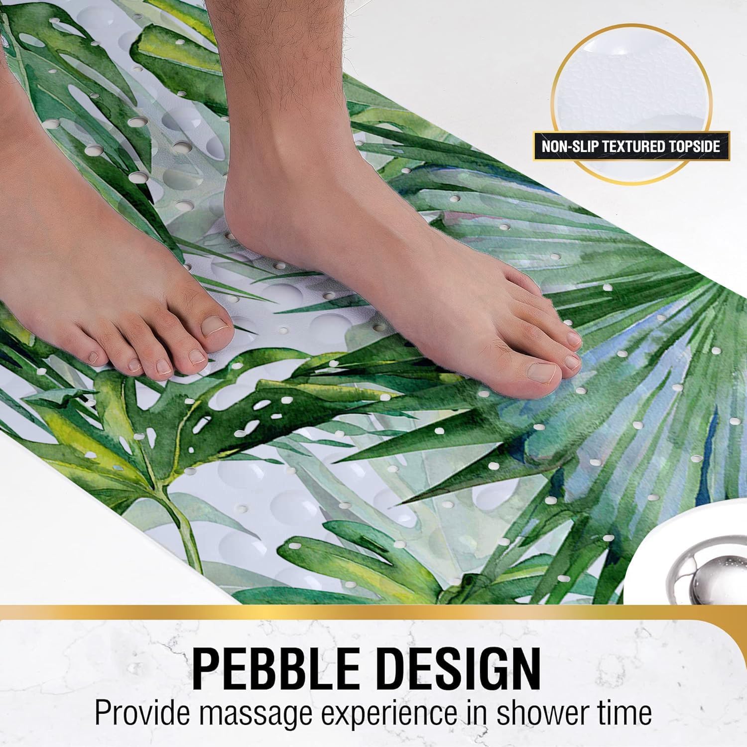 Green Bathtub Mat Non Slip, 40x16 inch Bath and Shower Safety Mats, Watercolor Tropical Leaves Tub Mat for Bathroom, Tub Shower Mat with Drain Holes and Suction Cups