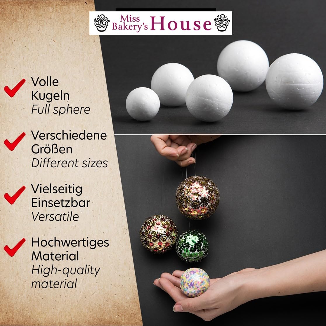 Miss Bakery's House Palline di polistirolo – Set completo – 100 pezzi – 1 x 10, 2 x 8, 2 x 6, 4 x 5, 10 x 4, 36 x 3, 42 x 2 – Set creativo fai da te – Palla di polistirolo – Vuoto – Feltro – Découpage