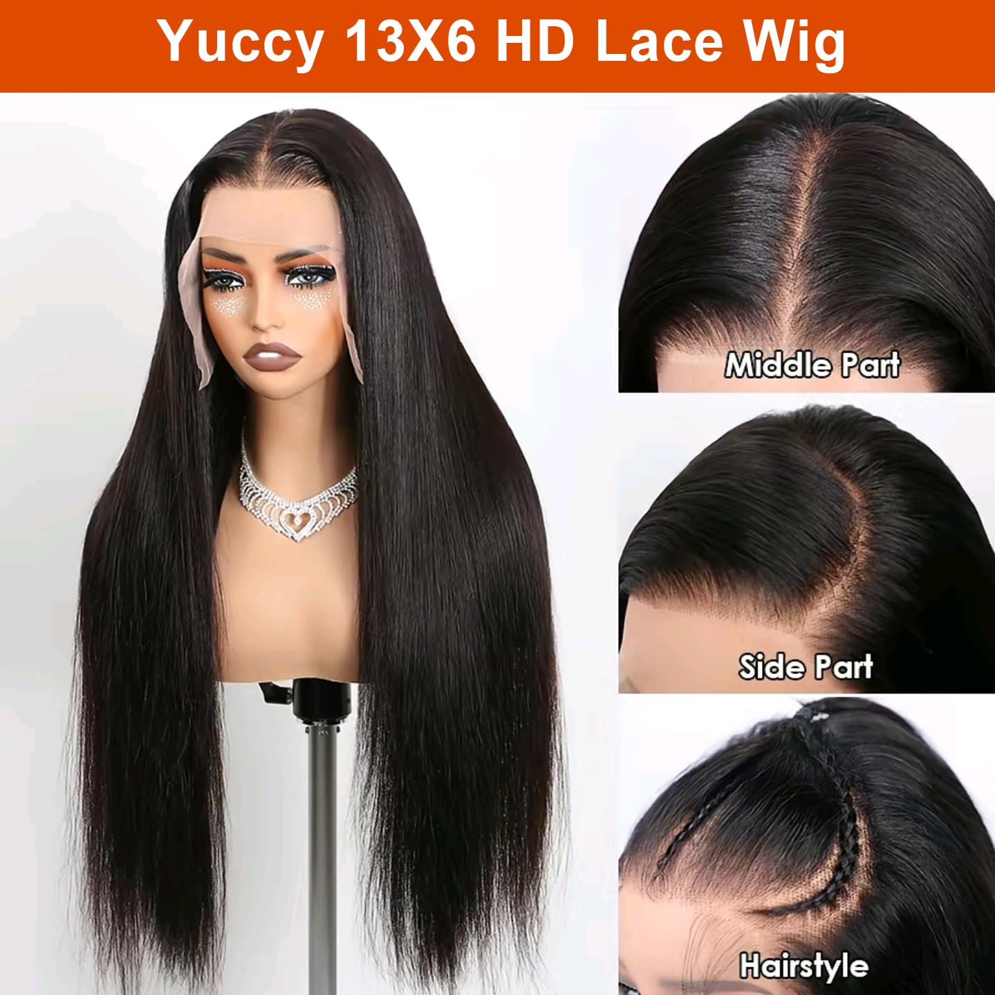 Yuccy13x6 Lace Front Wigs Human Hair Straight Lace Front Human Hair Wig Pre Plucked 200 Density Natural Black Straight Wig 13x6 HD Lace Frontal Wigs for Women (13x6 Lace, 30 inch)