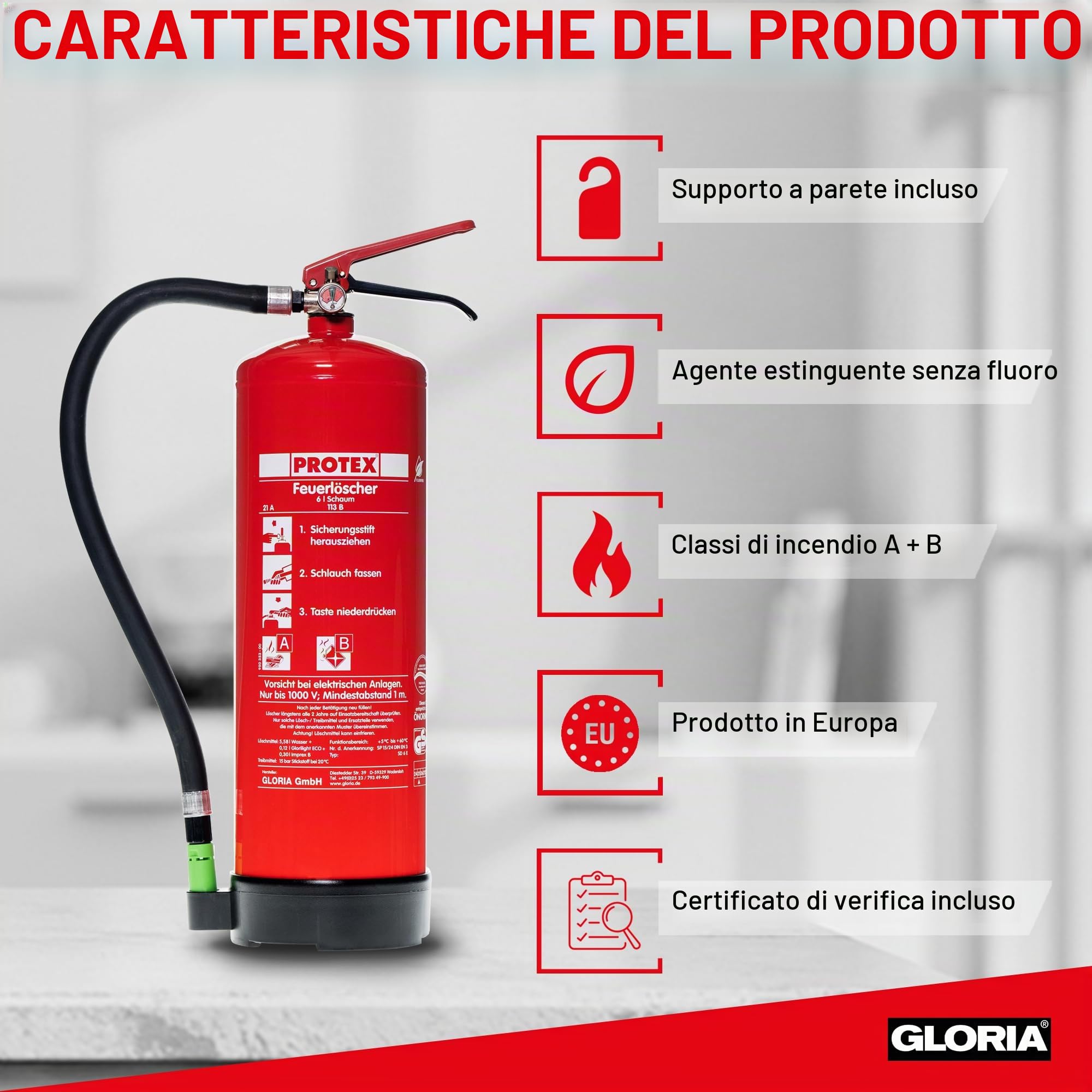 Protex – Estintore in schiuma SD6 E – 6 litri – senza fluoro – per le classi di incendio A e B – secondo DIN EN 3 – 11 kg – con pratico supporto – con piastra di prova – Made in EU