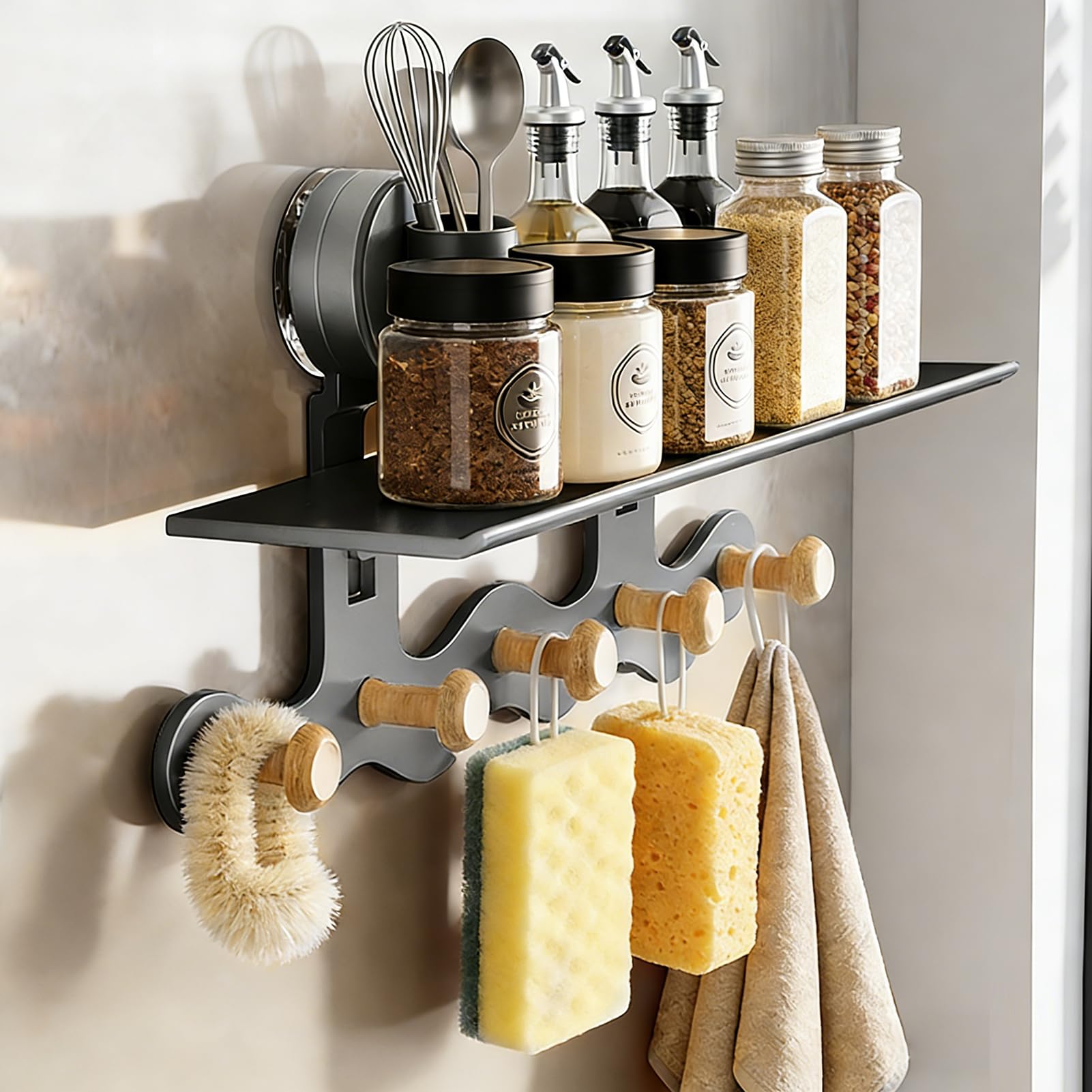 Fooaot Gewürzregal ohne Bohren Gewürzregal mit 5 Haken, Küchenregal aus Edelstahl, geeignet für Küche und Bad