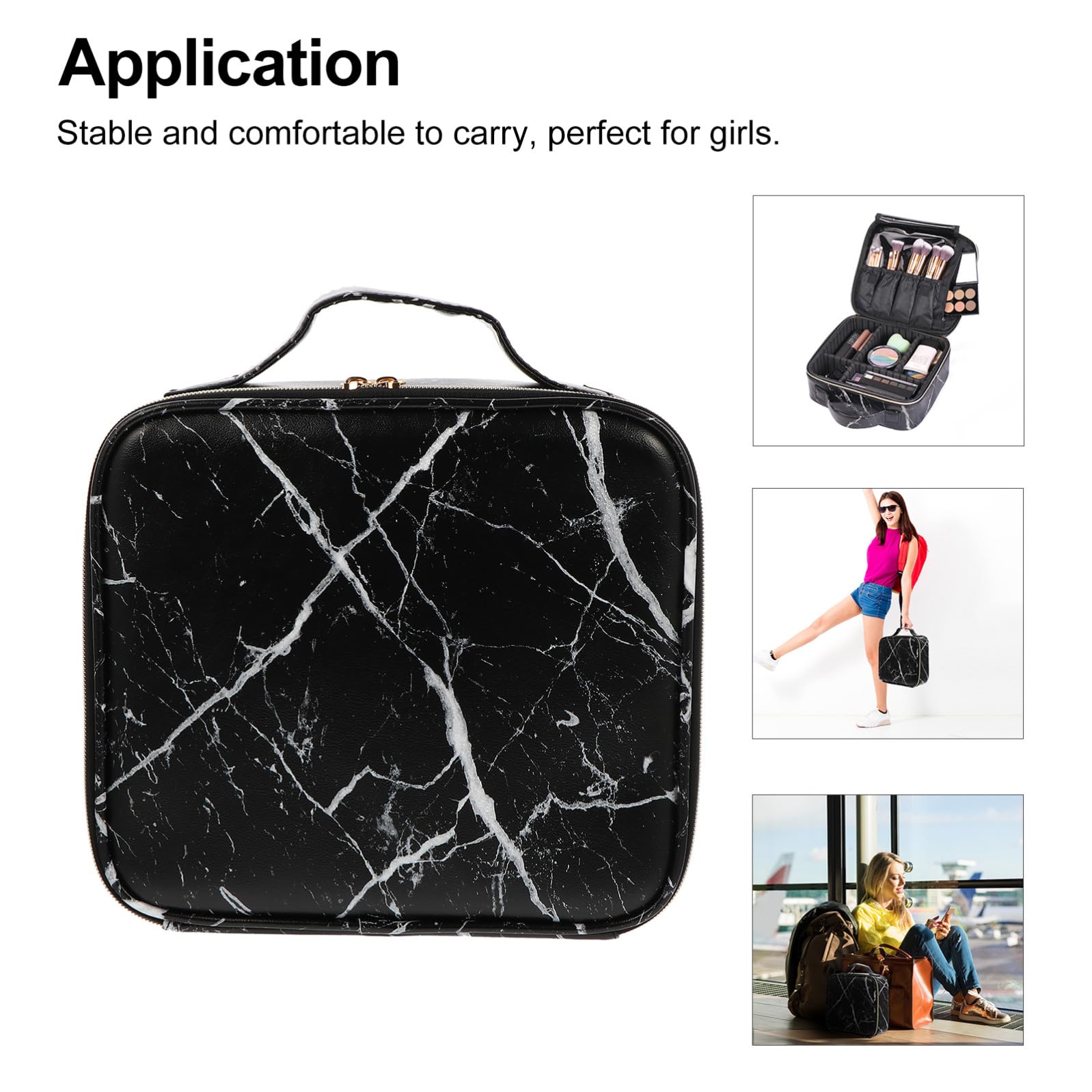 Organizer Trucchi da Viaggio a Scomparti, Nero, Manico | Motivo Marmorizzato Raffinato, Pu, Nylon e Metallo, per Palette e Prodotti Cura, Ordine Facile