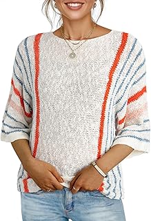 Womens 2026 Spring Summer Casual Crewneck 3/4 Sleeve Striped Lightweight...