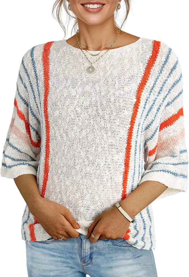 Dokotoo Womens 2025 Fall Casual Crewneck 3/4 Sleeve Striped Lightweight Knit Trendy Boho Tops Pullover Sweaters