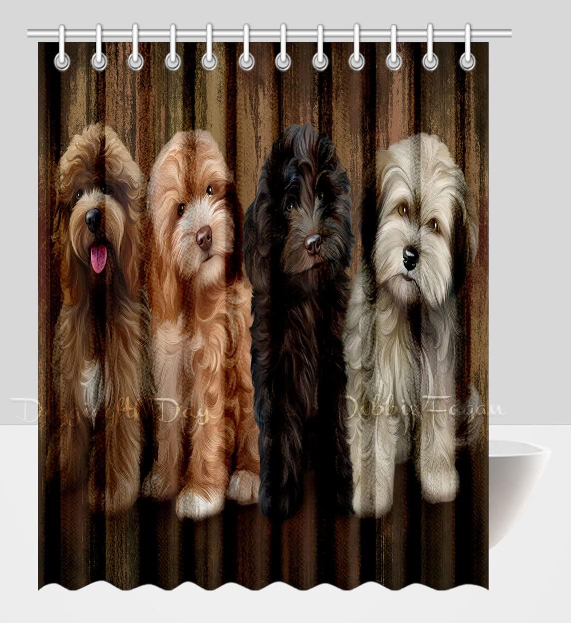 Rustic 4 Cockapoo Dog Shower Curtain - Waterproof Polyester One-Side Printing Pet Bathtub Curtain Decor Curtain for Bathroom with Hooks, 72"x72"