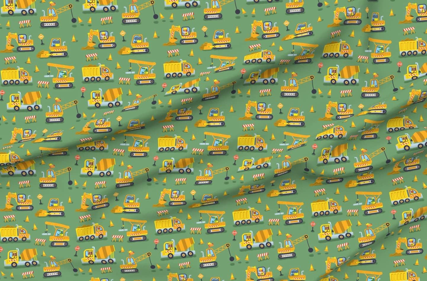 Spoonflower Fabric - Construction Trucks Green Animals Children Printed on Organic Cotton Sateen Fabric by The Yard - Sewing Quilting Apparel Home Decor