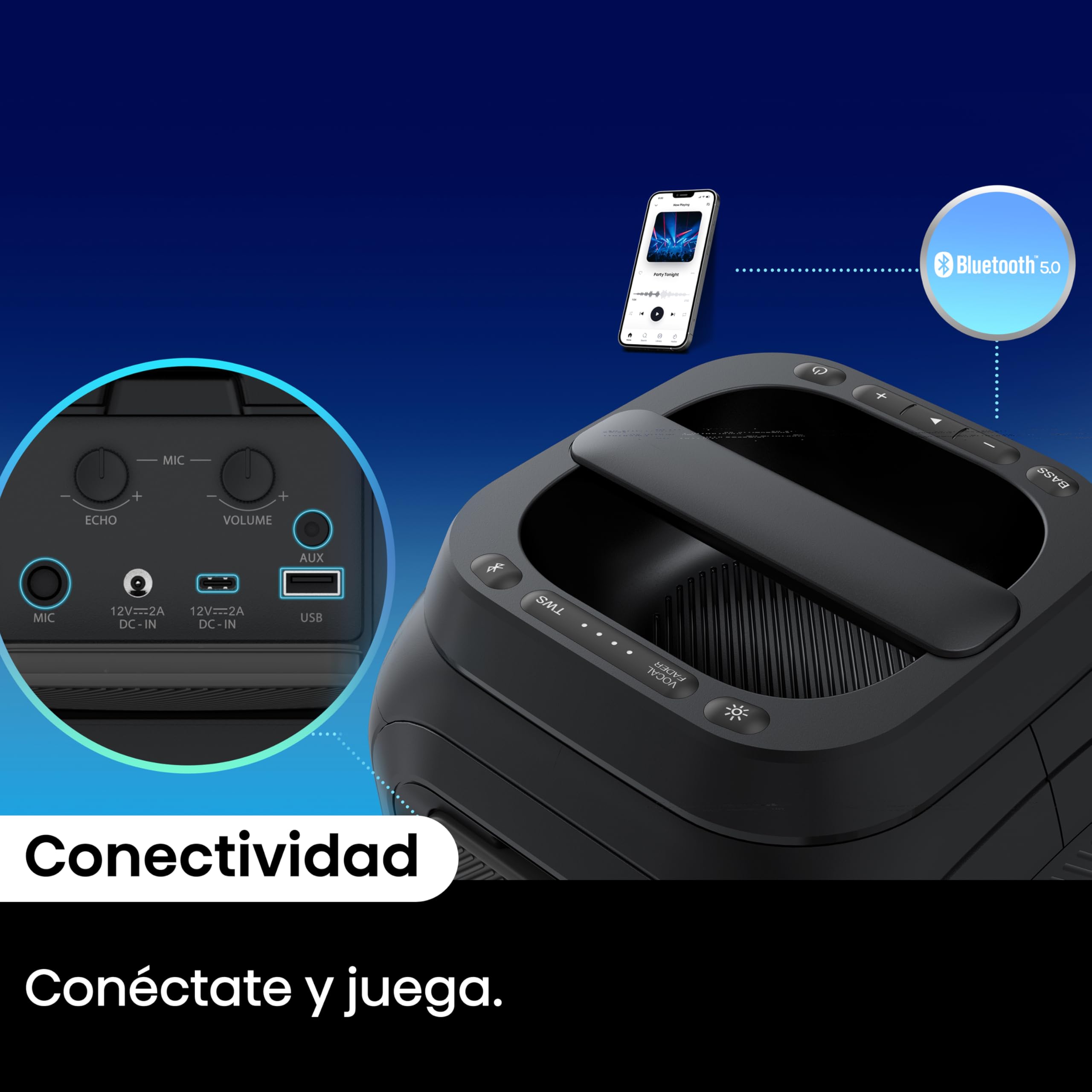 Hisense HP160 Party Rocket - Altavoz Portatil, Modo Karaoke, 160W, 5 Efectos de Luz, Batería de hasta 12 Horas de Duración, Modo Dual (2 Altavoces), Plug and Play, Bluetooth, AUX, USB, IPX4