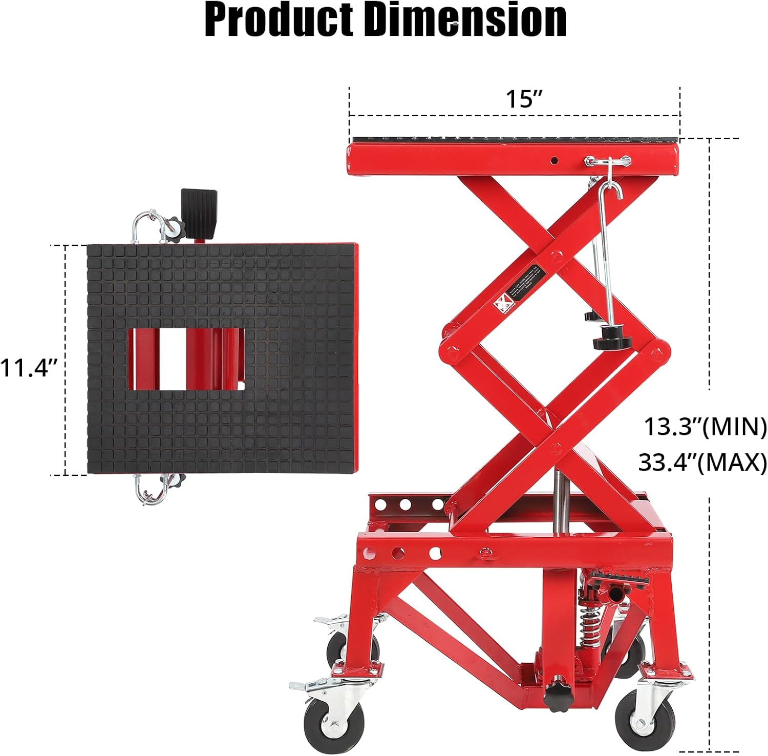 350 lbs Motorcycle Scissor Lift Jack, Heavy Duty Hydraulic Motorcycle Jack Lift, Foot Operated Scissor Stand with 4 Wheels Wide Deck J-Hooks for ATV Dirt Bike UTV