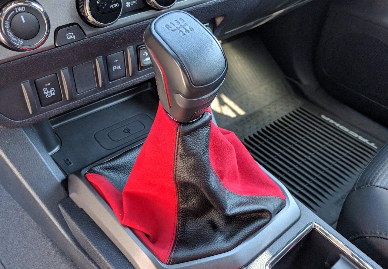 RedlineGoods Shift Boot Compatible with Toyota Tacoma 2015-23. Tailor Made - not Universal. Genuine top-Grade Italian Black Suede (Alcantara) with Red Thread