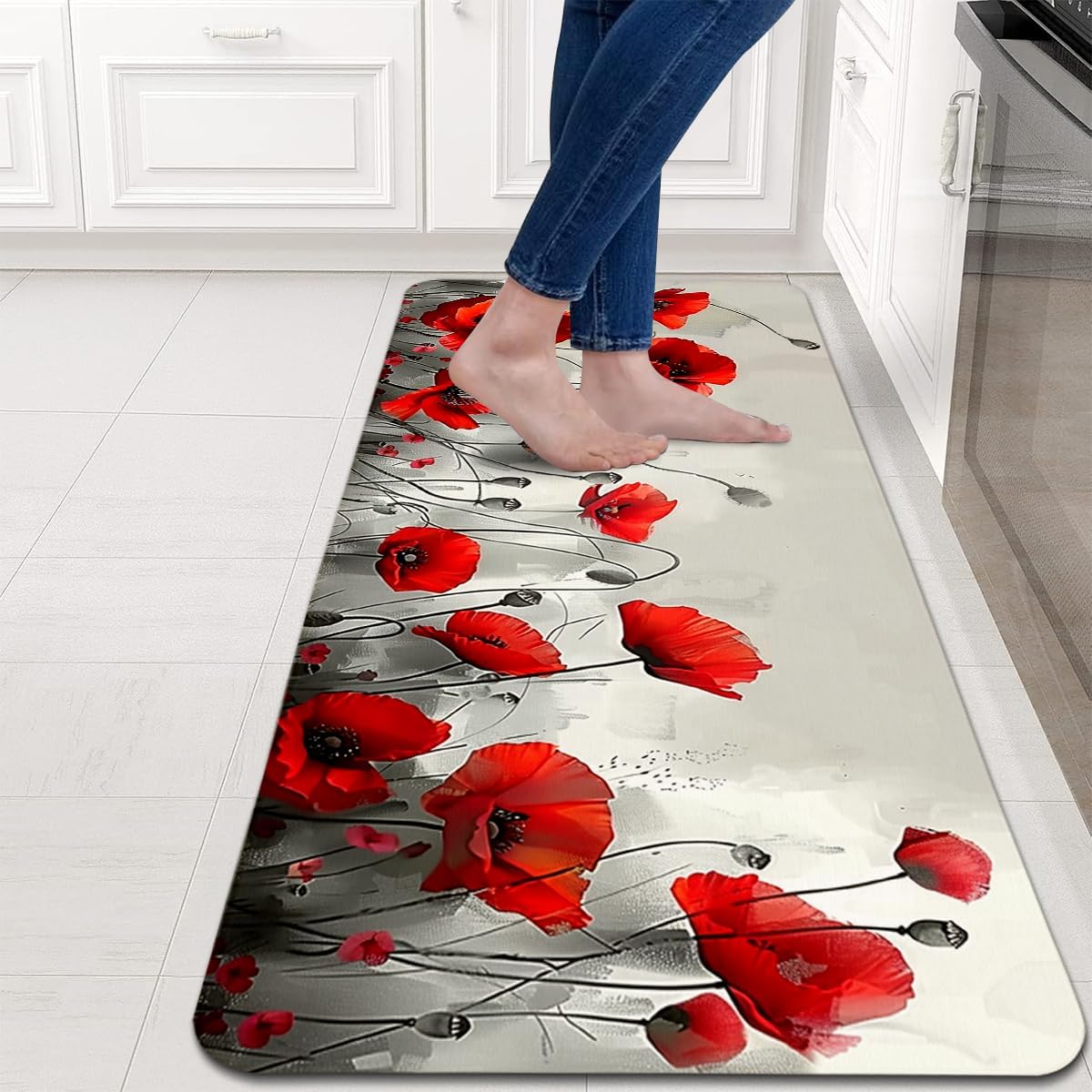 Red Poppy Flowers Kitchen Rugs Set of 2 - Retro Plants Washable Non-Slip Faux Linen Floor Mats(17.7''x29.5''+17.7''x47'') - Kitchen Mats for Home Office Bedroom Bathroom Laundry (Red 2)