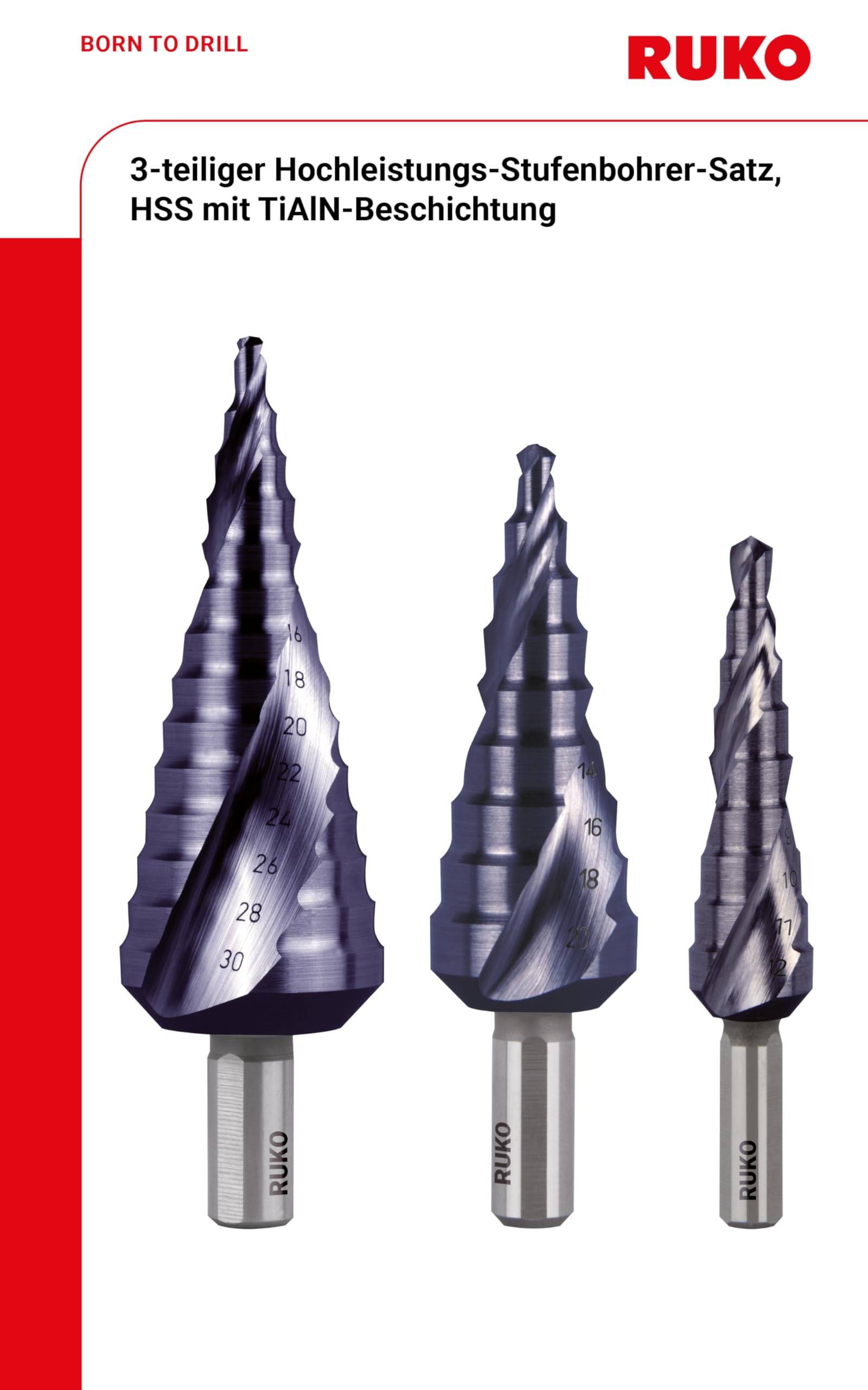 RUKO Stufenbohrer a Gradini HSS-TiAlN Set 3 Pezzi – Punte a Gradini Spiralate con Affilatura a Croce – Rivestimento Titanio-Alluminio-Nitruro per Metallo e Acciaio Inox