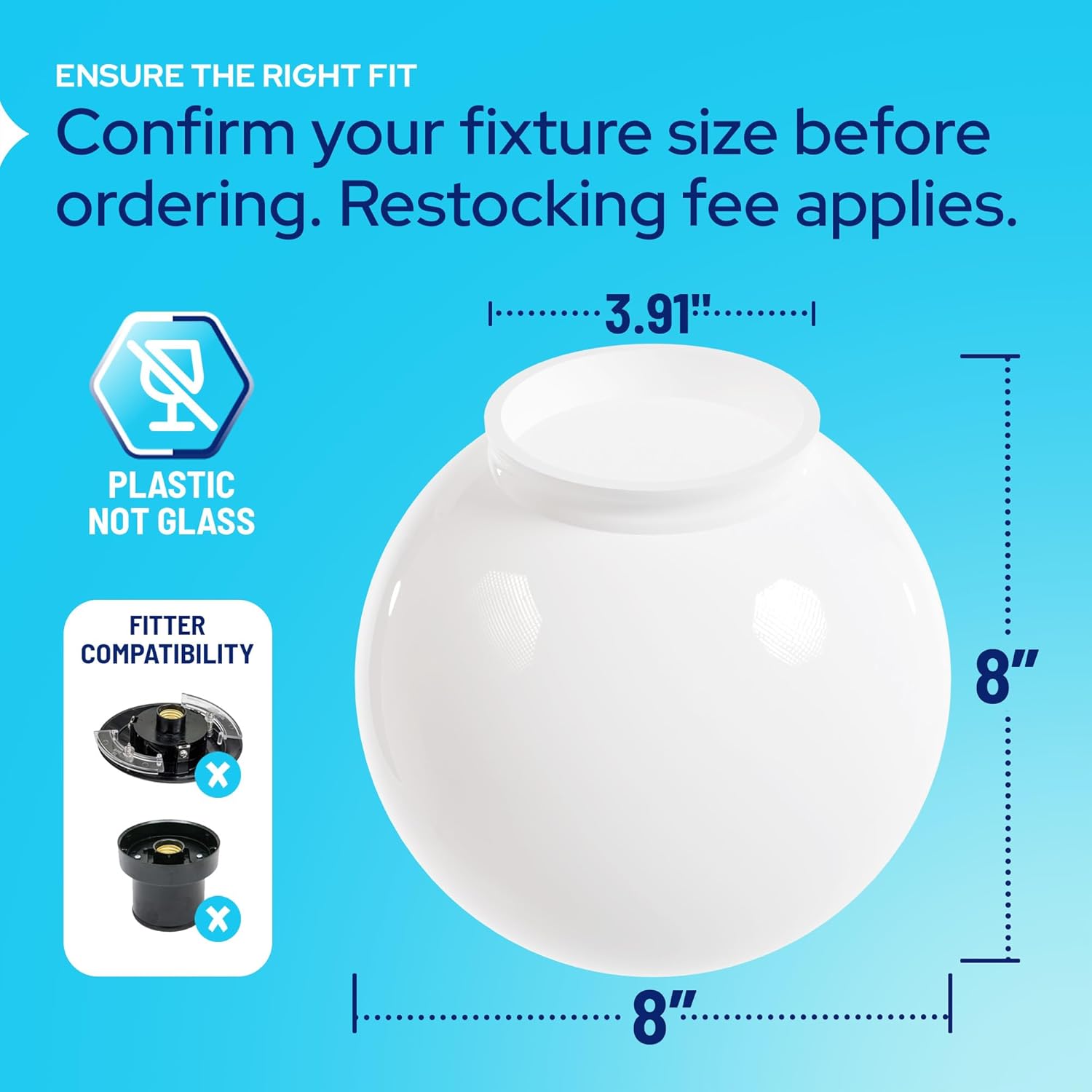 KASTLITE 8" White Acrylic Lamp Post Globe | Smooth Textured with 3.91" Fitter Neck | Manufactured in the USA | Plastic Light Cover - Not Glass