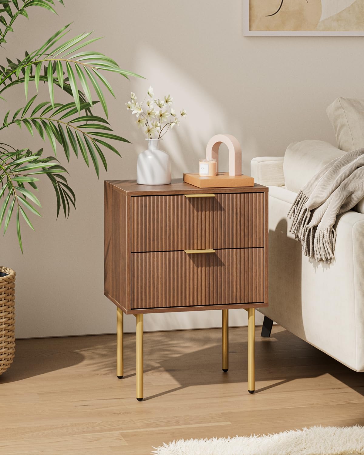 HEYZOEY Nachttisch, Nachtschrank mit 2 Schubladen, Modern Nachtkästchen, Boho Nachtkommode für Schlafzimmer, Wohnzimmer,Nussbaum