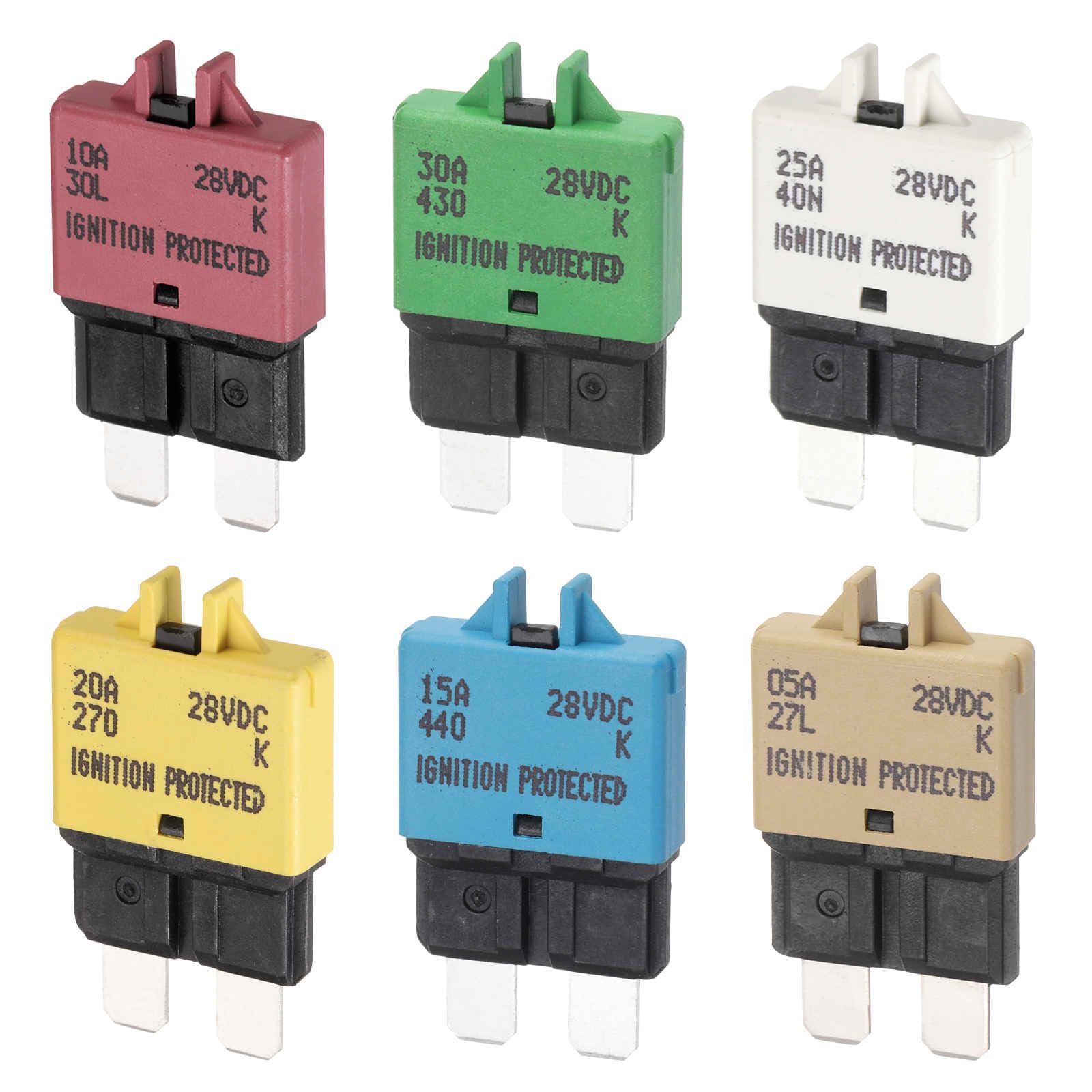 DMiotech Kit de 6 fusibles mini rearmables manuales multicolor ATC/ATO de 28 V CC y 5 A, 10 A, 15 A, 20 A, 25 A y 30 A para disyuntores de automóviles, camiones, SUV, embarcaciones ys.