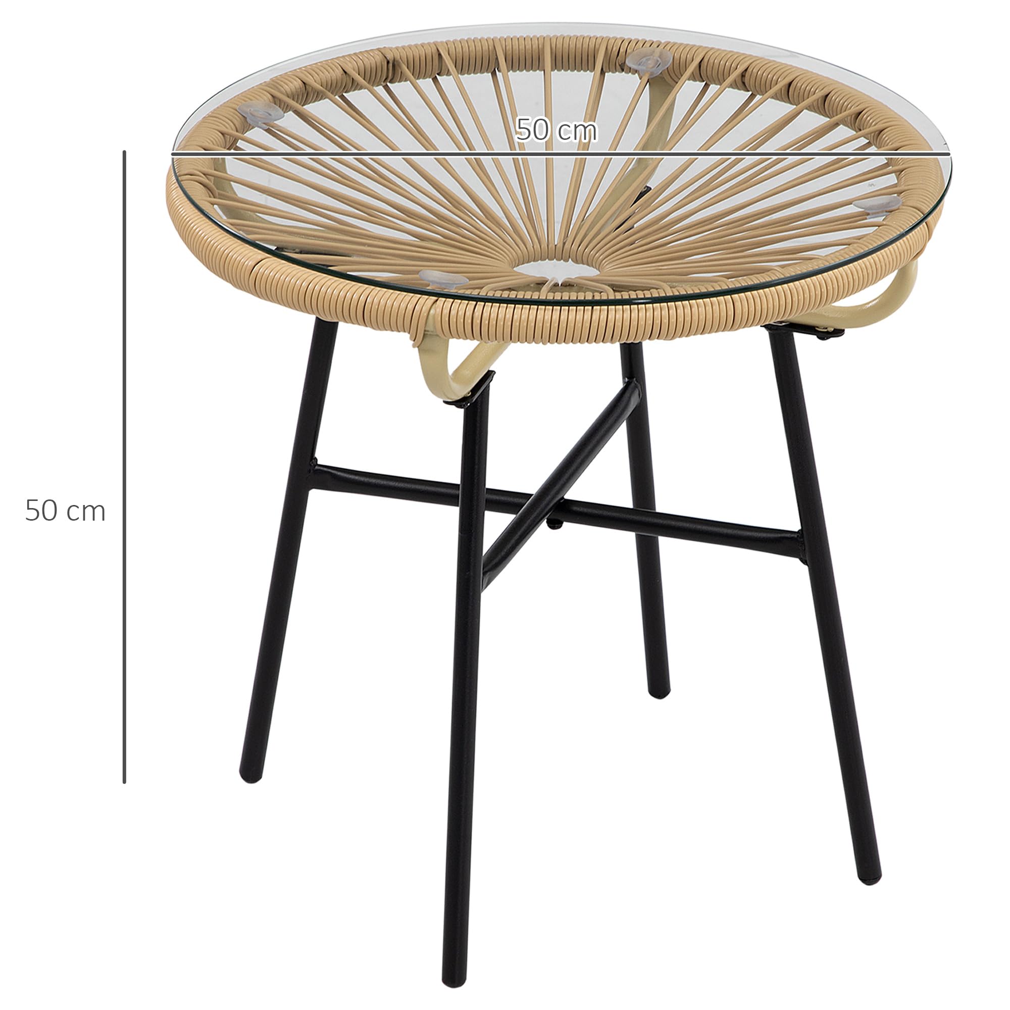 Outsunny Tavolino da Giardino in Rattan PE e Vetro, Tavolino da Caffè Rotondo Stile Boho Chic per Balcone e Terrazza, Ø50x50cm, Beige