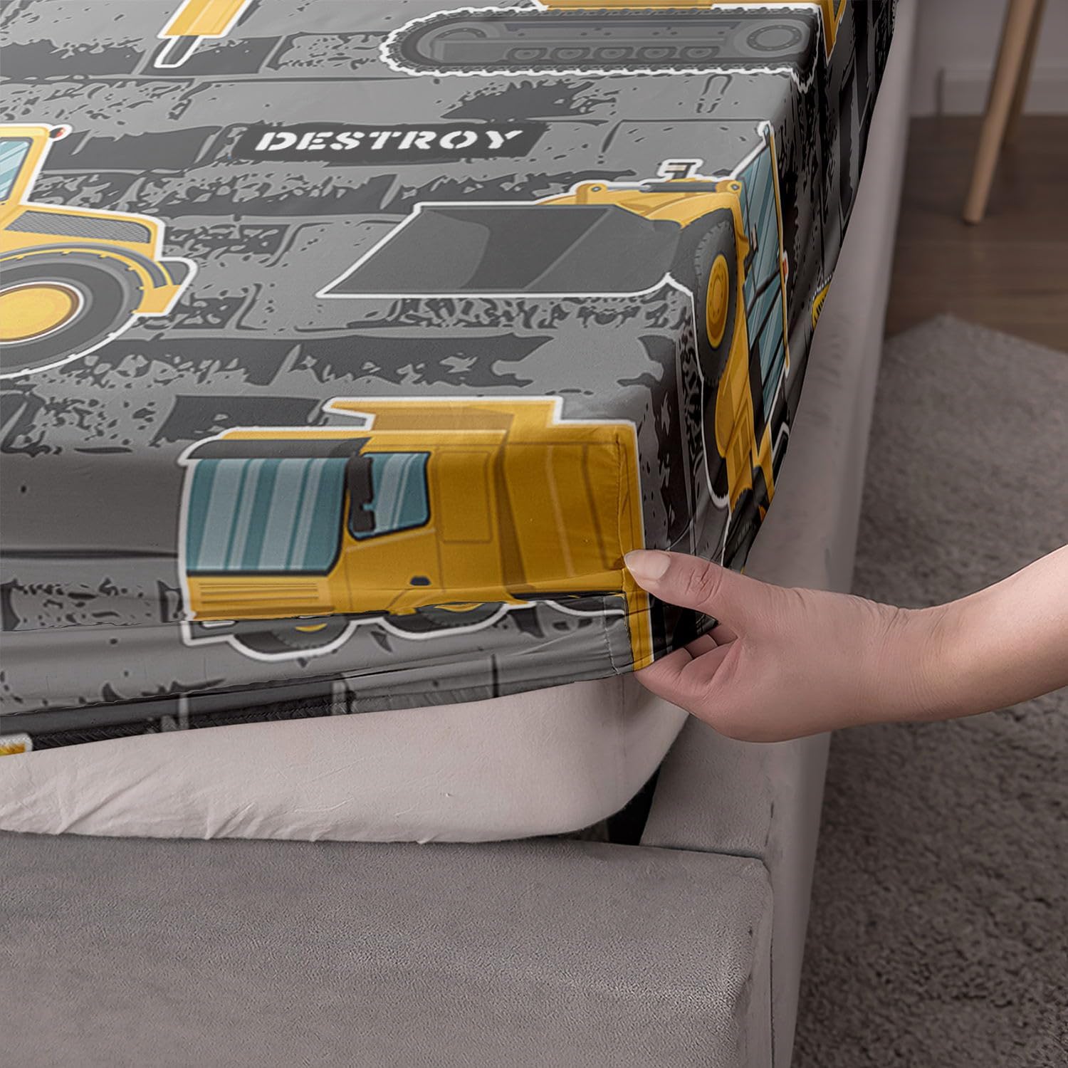 Truck Sheets Set 4Pcs for Kids,Crane Excavator Engineering Vehicle Printed Sheet Set with 1 Flat Sheet and 1 Fitted Sheet + 2 Pillowcases(Excavator Queen)