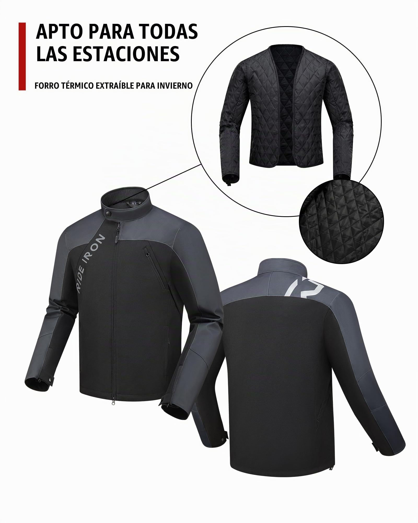 RIDEIRON Chaqueta Moto Hombre con Protecciones CE – Logo Reflectante, 4 Bolsillos, Chaqueta Motociclista 4 Estaciones Transpirable con Forro Térmico Extraíble M-XXL