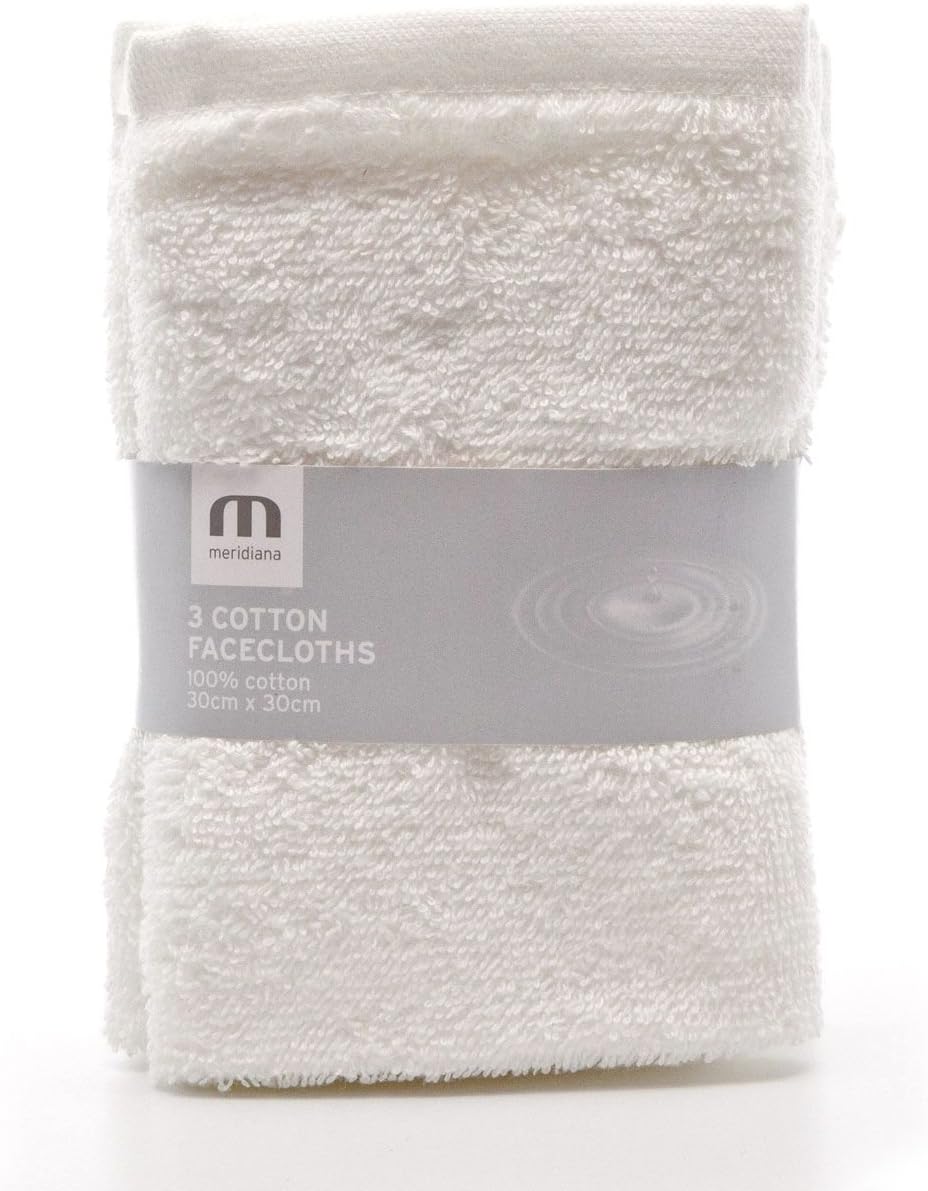 Meridiana Super Soft 100% Cotton Family Washcloths. Machine Washable. White. 3 Pack. 30cm X 30cm X