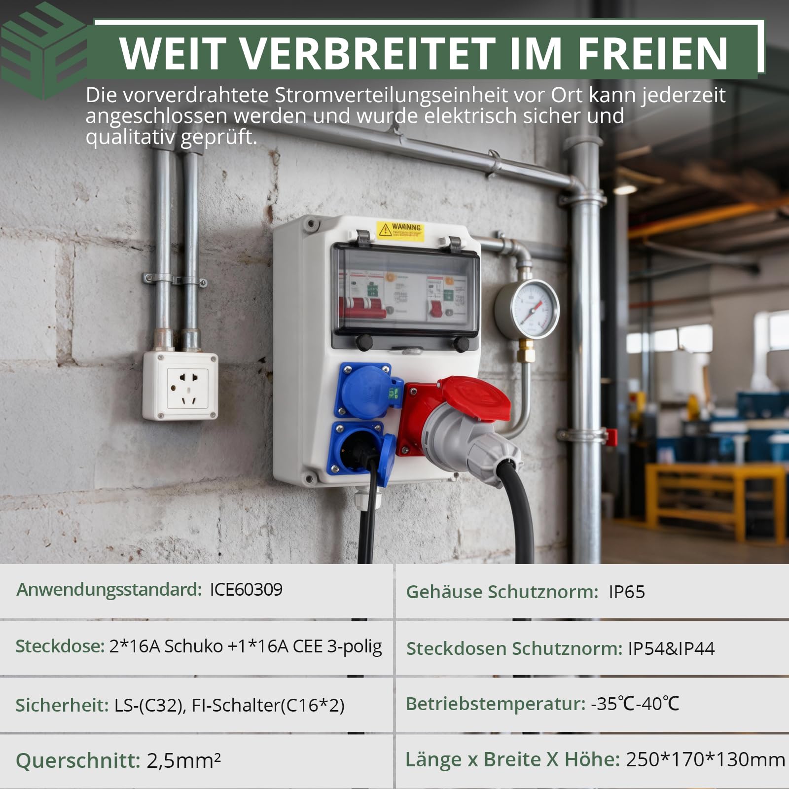 EYPINS Baustromverteiler mit LS+FI, Wandverteiler 2x 230V Schuko-, 1x CEE-Steckdose 16A Stromverteiler IP66 Wasserdicht, flammhemmende ABS Verteiler für Innen und Außen Werkstätten Fabriken