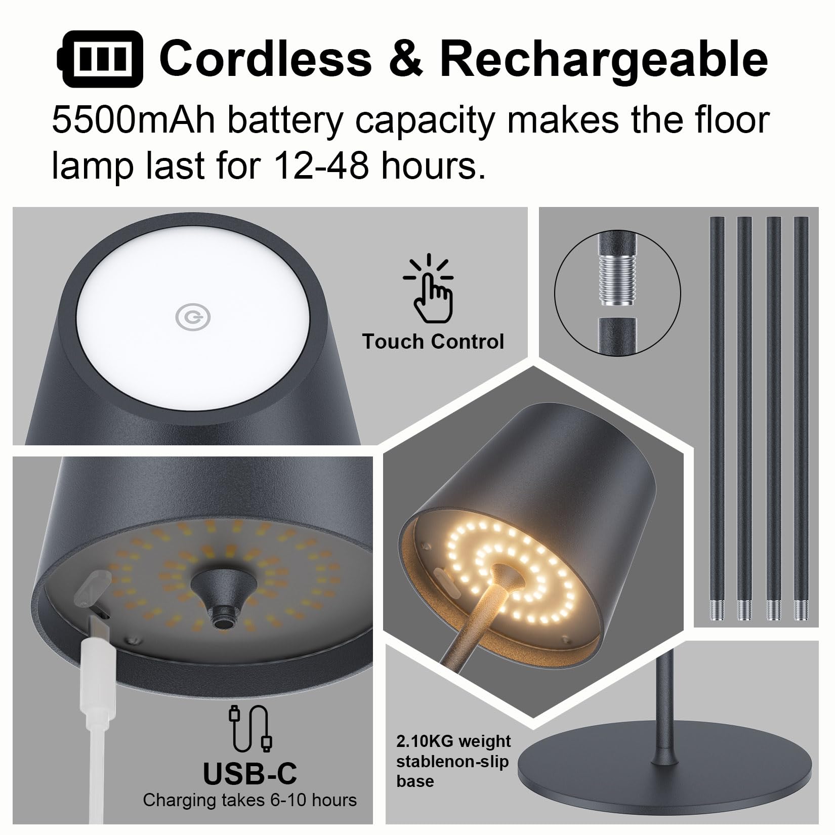 Lampada da terra a LED con batteria, lampada da terra dimmerabile, piantana da terra senza fili ricaricabile, adatta per interna ed esterna, soggiorno, balcone, ecc. Antracite