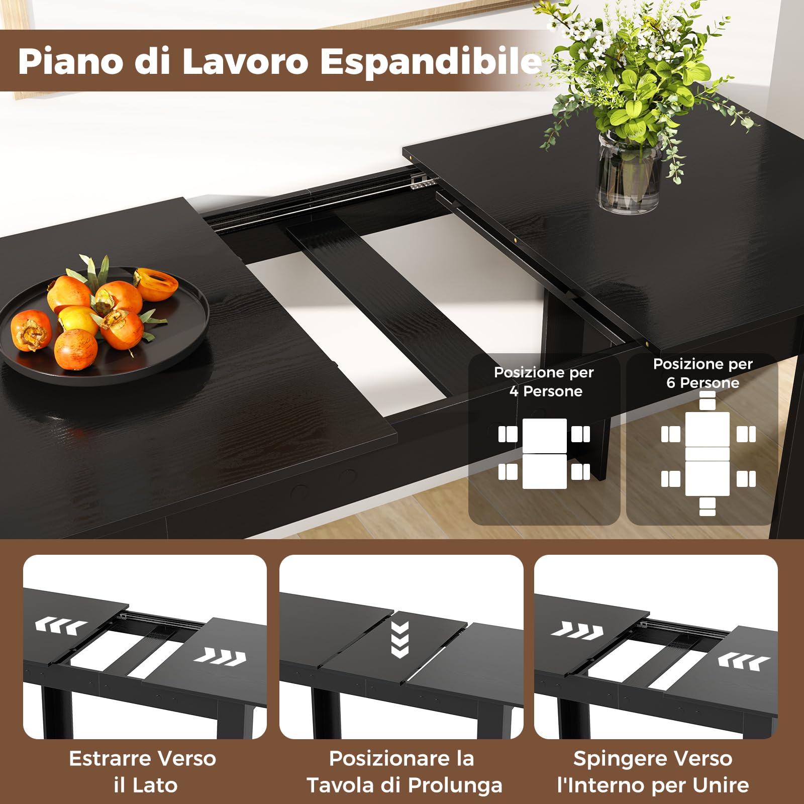 COSTWAY Tavolo Allungabile da Pranzo per 4-6 Persone, Tavolo Consolle Estensibile, Tavolo Moderno da Cucina, Soggiorno e Sala da Pranzo, 158 x 70 x 76 cm, Nero (Nero)