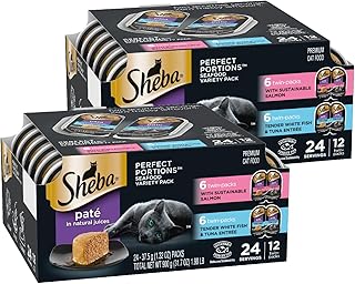 Sheba PORCIONES PERFECTAS Paté de comida suave y húmeda para gatos Plato principal de salmón delicado y plato principal de pescado blanco y atún tiernos Paquete múltiple de 2.6 oz. Paquete doble de 12