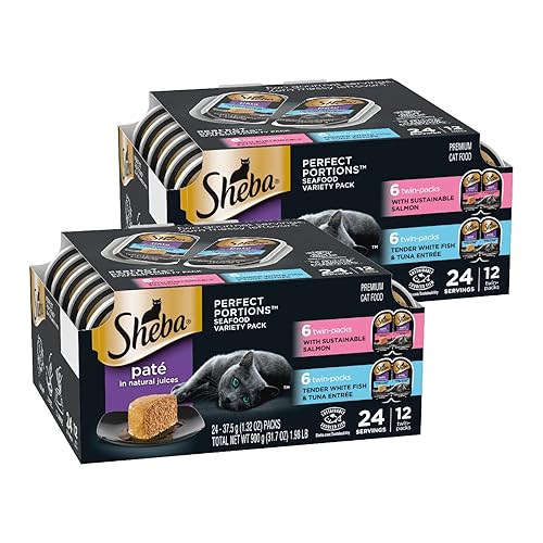 Sheba Perfect Portions Wet Cat Food Pate with Sustainable Salmon and Tender Whitefish & Tuna Entree Variety Pack, 2.6 oz. Twin-Pack Trays (12 Count, 24 Servings) (Pack of 2) - Salmon, Whitefish & Tuna - 12 Count (Pack of 2)