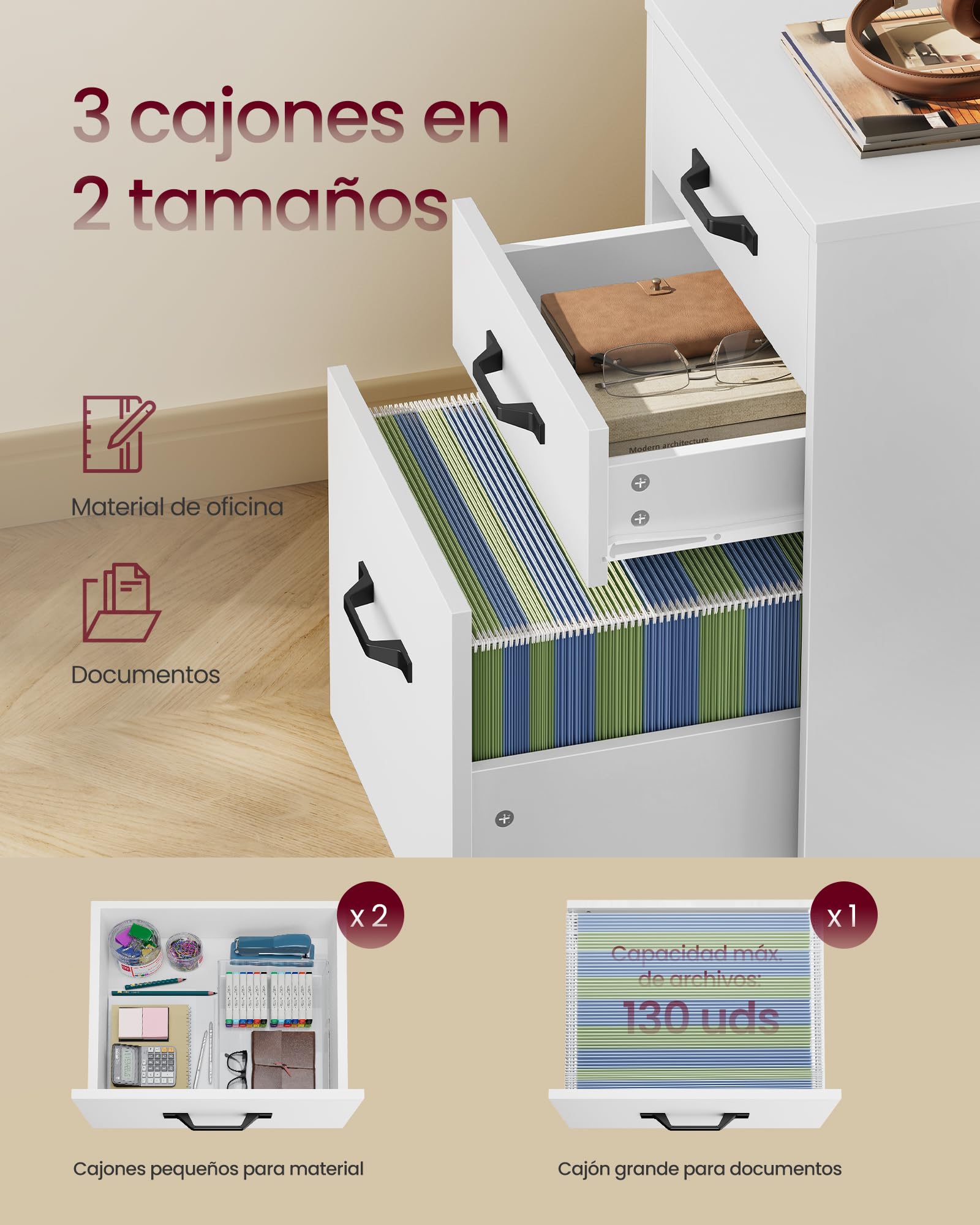 VASAGLE Custos Colección - Archivador de Oficina, Cajonera de Oficina con 3 Cajones, Ruedas, para Documentos Formato A4, Barra Regulable, Blanco Nube OFC065WB01