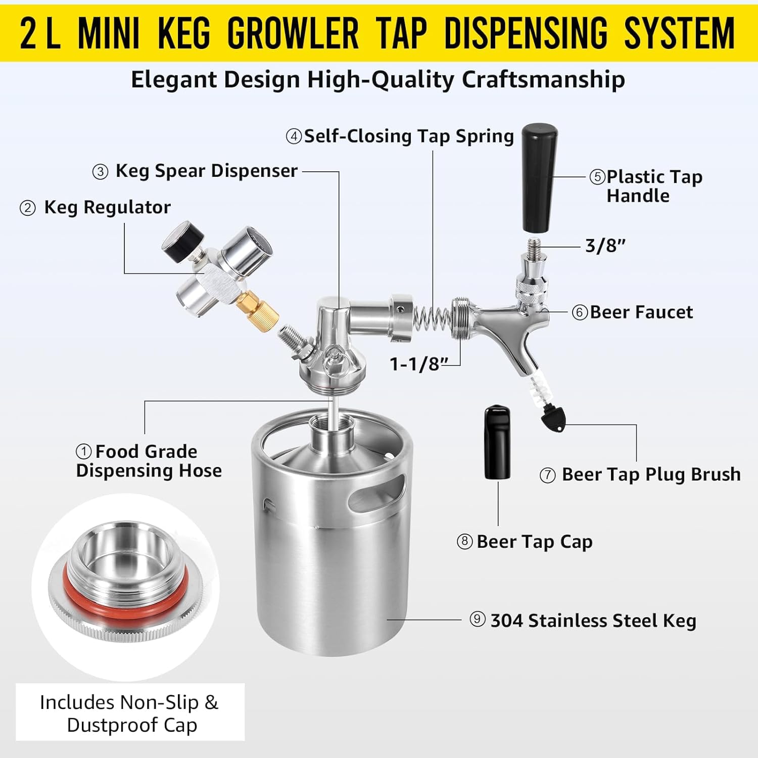 Mini sistema Kegerator de 2 L, barril de acero inoxidable con manómetro y grifo de cerveza, dispensador portátil de cerveza de barril para elaboración casera, fiesta, bar