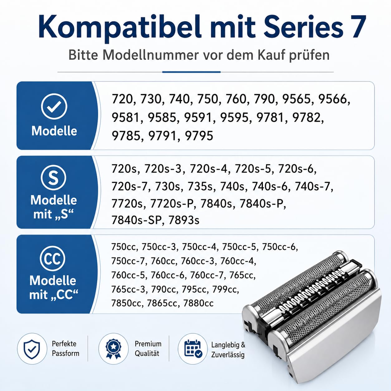 70S Scherkopf Ersatz Kompatibel mit Braun Series 7 Rasierer 720 720s 730 760cc 765cc 790cc 795cc 7840s 7893s, Scherfolie & Klingenblock, Rasierkopf Herren Ersatz Silber, 1 Stück