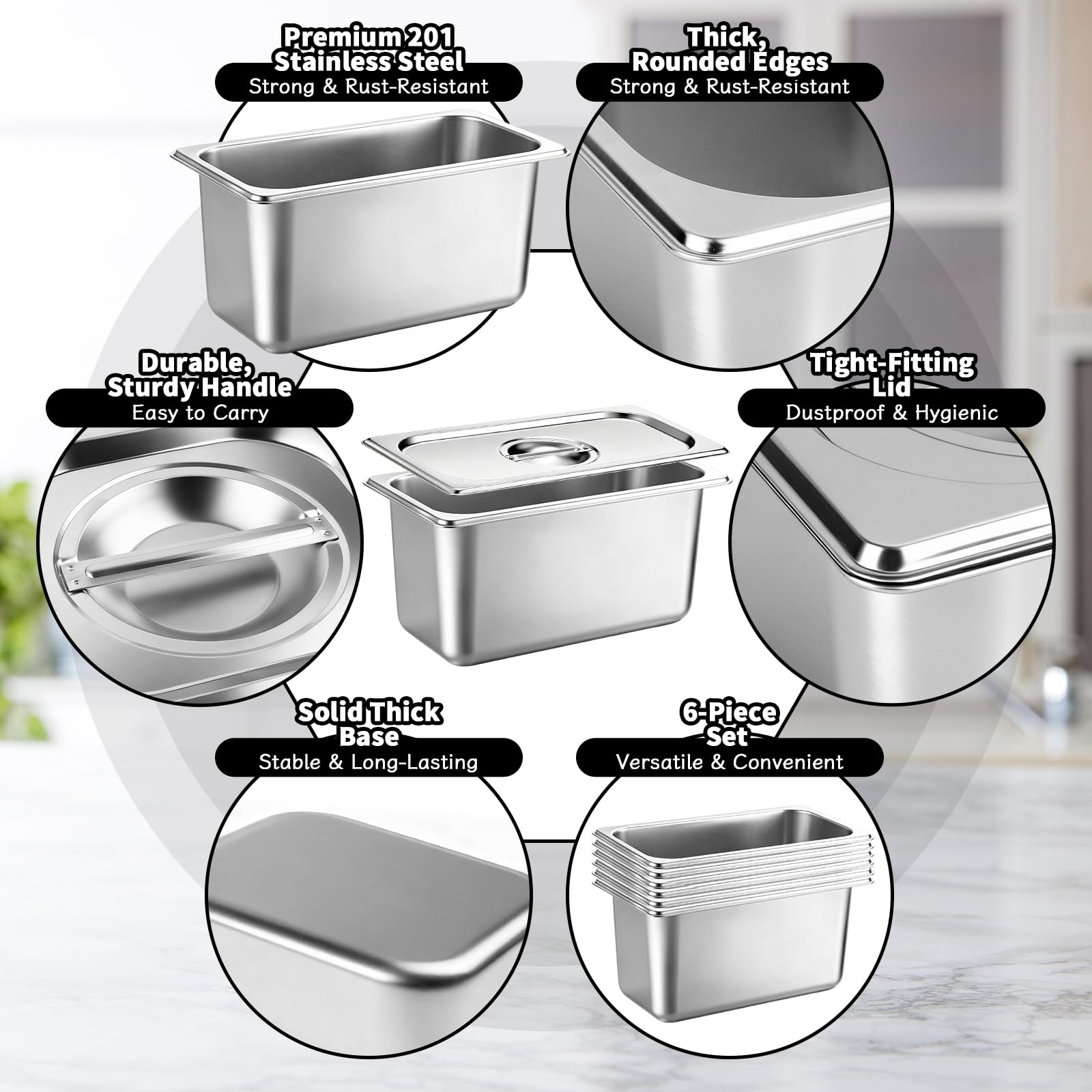 Set da 6 Contenitori GN 1/3 in Acciaio Inox con Coperchio | Vaschette Gastronorm Impilabili 33x18x15cm, Contenitori Professionali in Acciaio Inossidabile per Cucina, Buffet e Catering